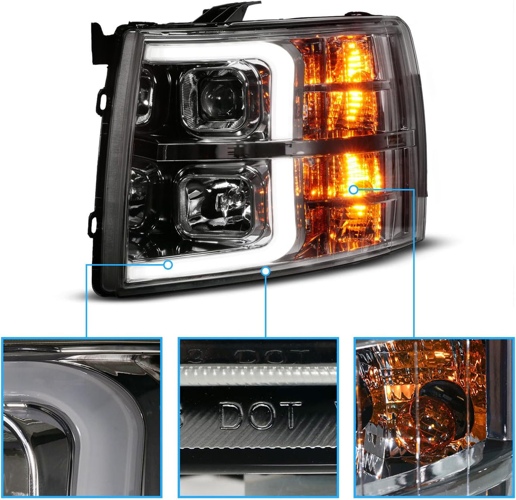 AmeriLite for 2007-2013 Chevy Silverado 1500 | 07-14 Silverado 2500HD 3500HD LED Tube Square Projector Gun-Metal Headlights Set - Passenger and Driver Side