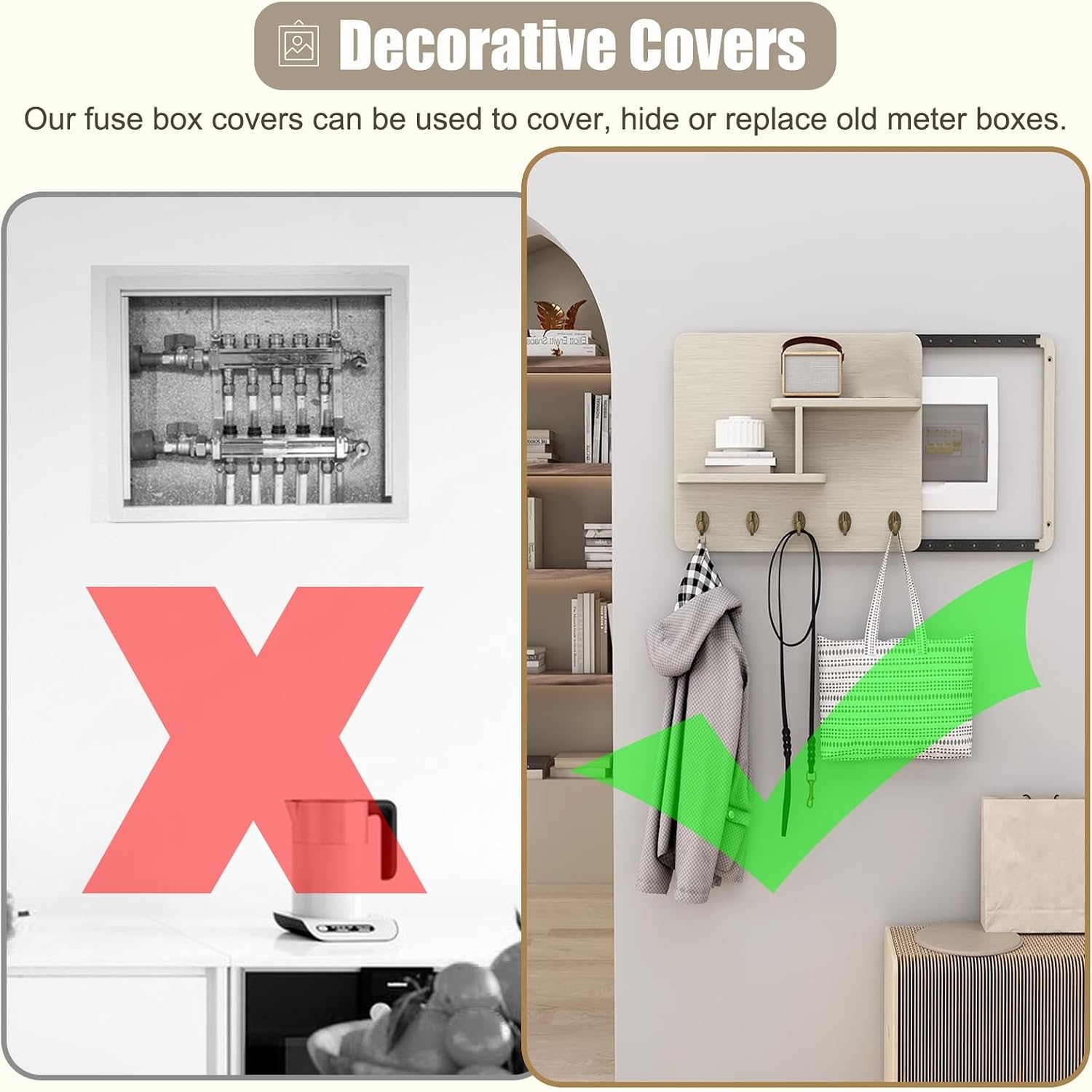 Wooden Breaker Box Cover with Shelves & Hooks, Multifunctional Indoor Fuse Box Cover for Decorative Wall, Left Sliding Meter Box Cover Farmhouse(Style/F,40x30cm(15 3/4x11 3/4'))