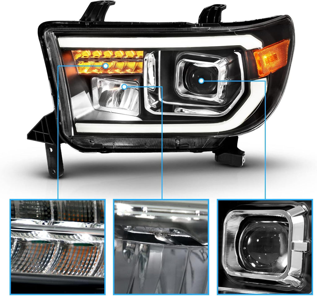 AmeriLite for 2007-2013 Toyota Tundra | 2008-2017 Sequoia [Full LED] Light Tube DRL Turn Signal Square Projector Headlight Set - Passenger and Driver Side