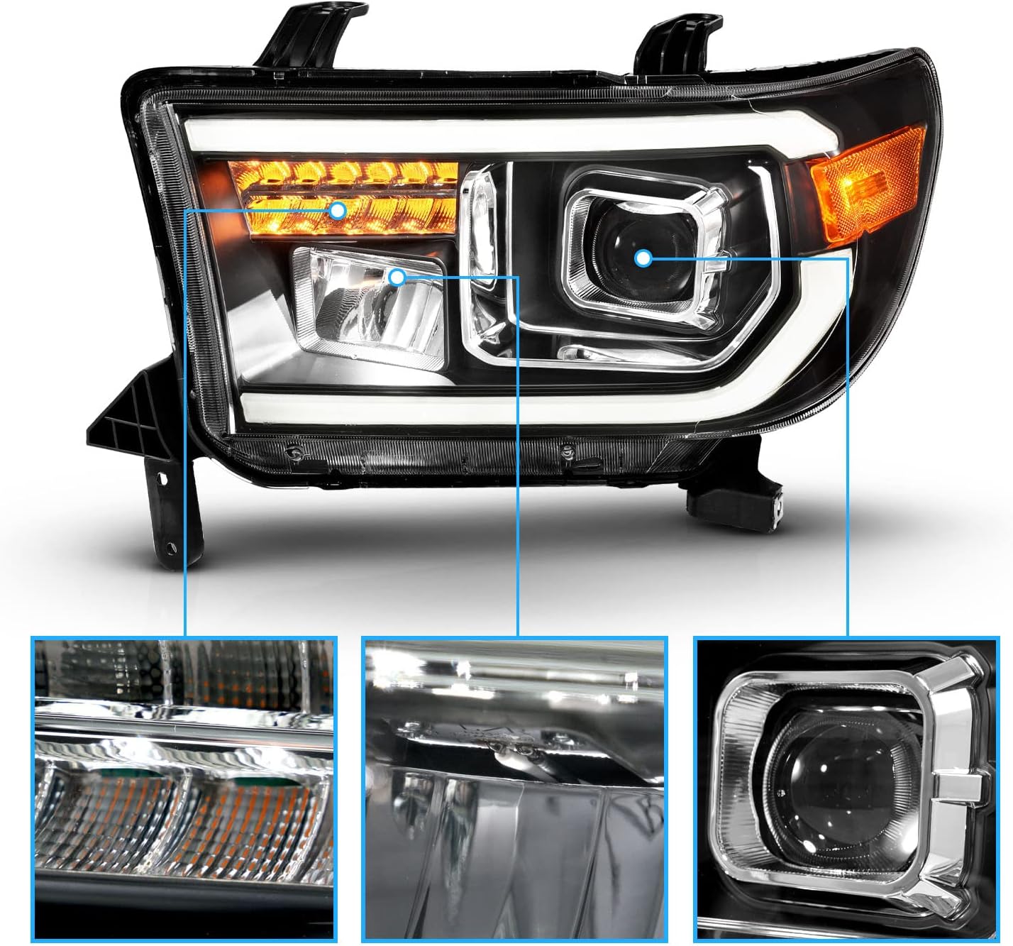 AmeriLite for 2007-2013 Toyota Tundra | 2008-2017 Sequoia [Full LED] Light Tube DRL Turn Signal Square Projector Headlight Set - Passenger and Driver Side