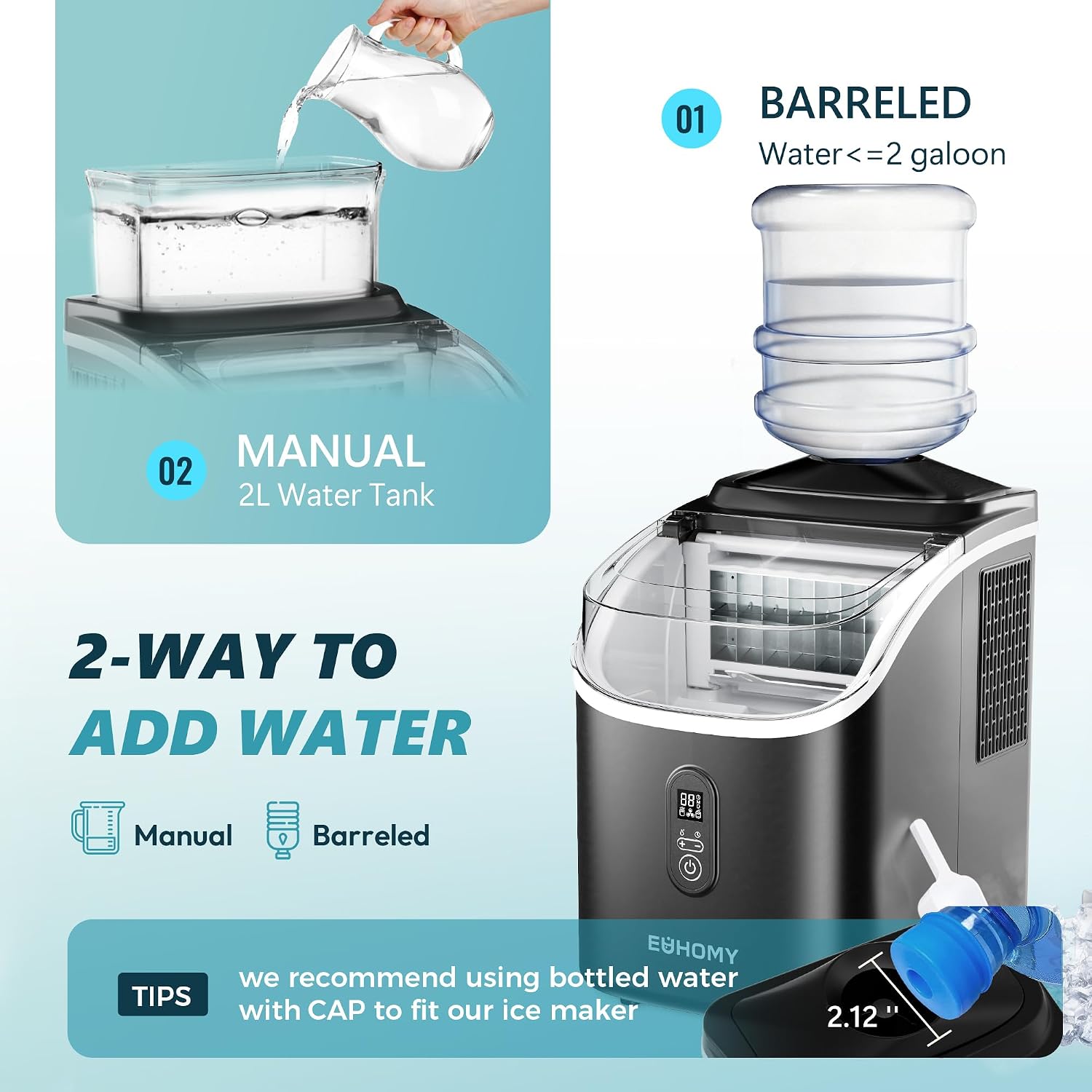 EUHOMY Ice Cube Maker Machine Countertop with External Water Tank, 2 Ways to Add Water, 34Lbs/Day, 16Pcs Ready in 7 Mins, Auto-Cleaning, with Ice Scoop & Basket, for Home/Kitchen/Office/Bar (Black)