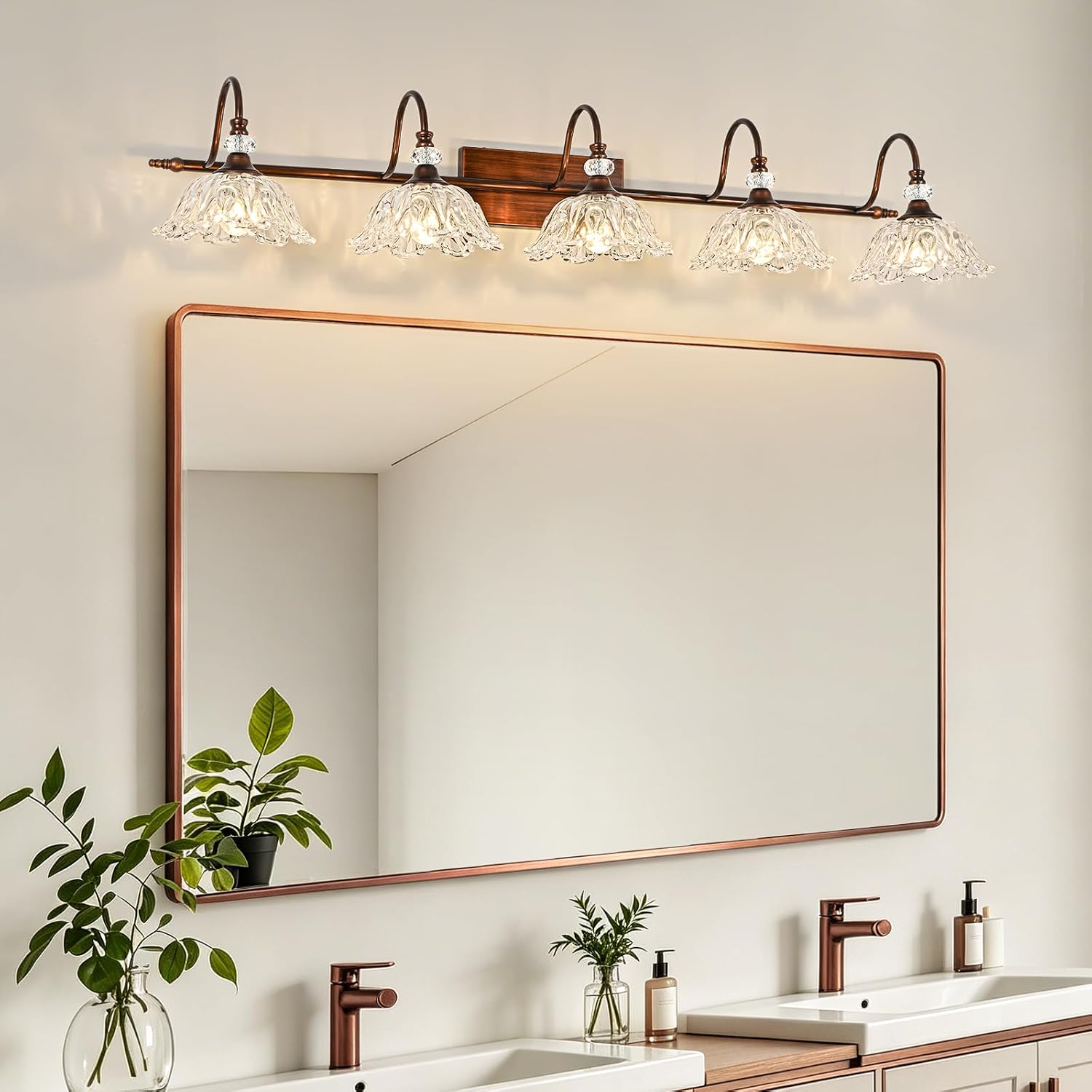 5-Light Antique Red Bronze Finish Bathroom Vanity Light, Vintage Vanity Light with Floral Clear Glass Shades, Retro Wall Mount Lighting for Bathroom, Dressing Table
