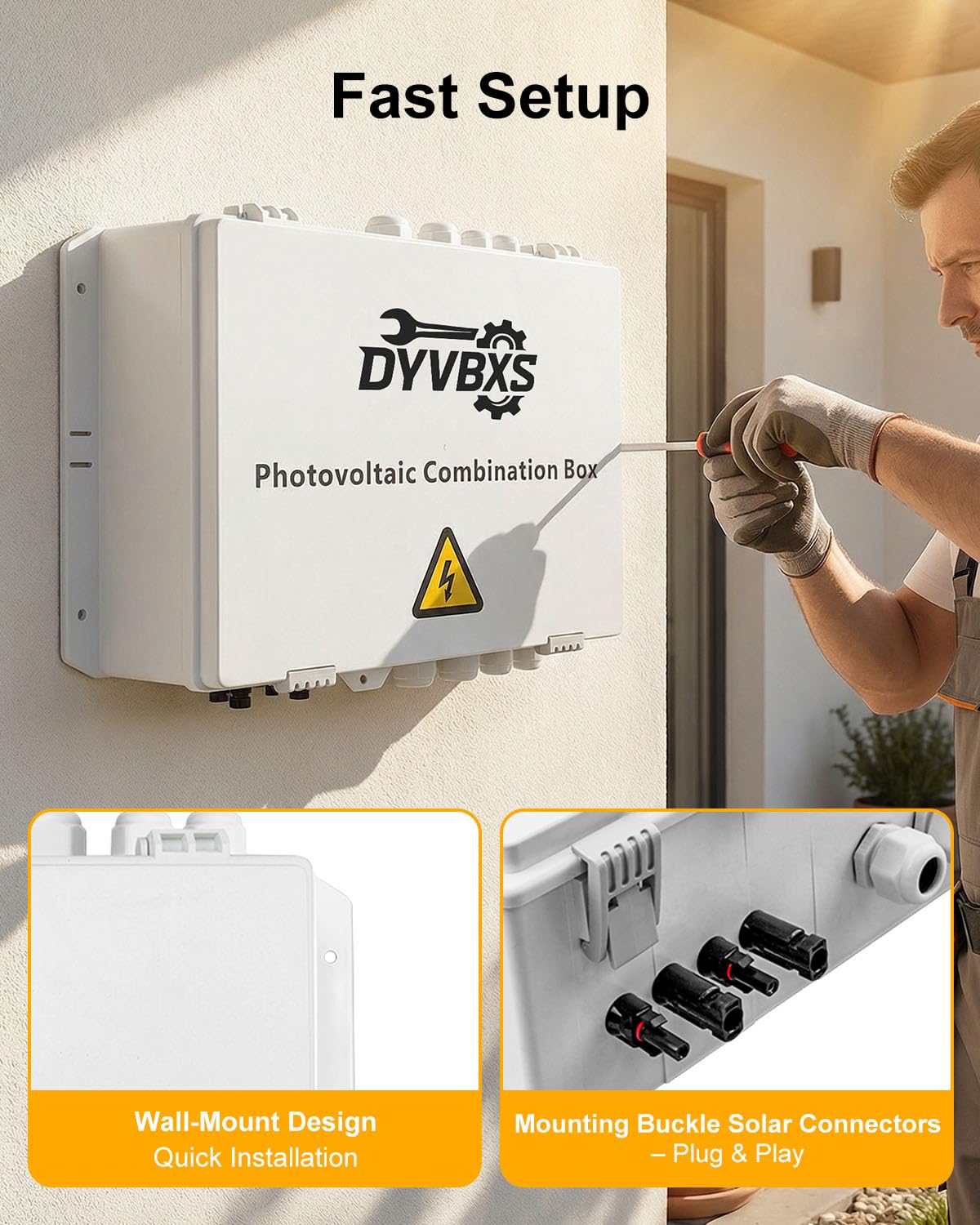PV Combiner Box 2 String Solar Distribution Box, IP65 Waterproof, with 25A 250A DC Circuit Breakers, 63A 125A AC Breakers, Outdoor Power Distribution Box for 8KW–10KW Inverter Systems
