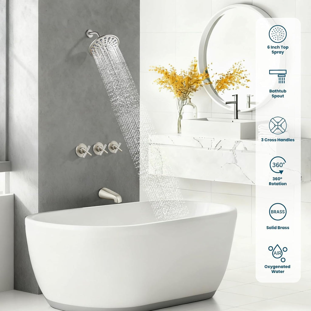 gotonovo 3 Handle Tub Shower Faucet Set, Tub and Shower Faucet Combo,Bathtub Faucet Set with 6 Settings Shower Head and Waterfall Tub Spout, Tub and Shower Trim Kit, Tub Shower Fixture Brushed Nickel