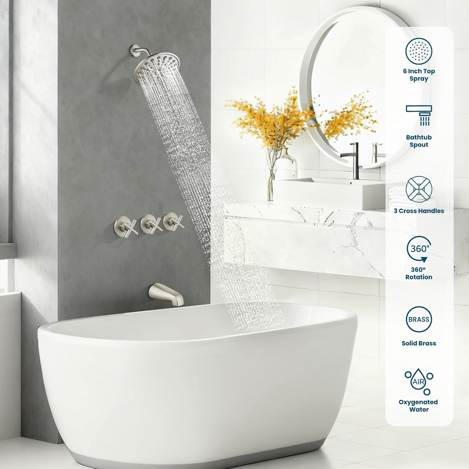 gotonovo 3 Handle Tub Shower Faucet Set, Tub and Shower Faucet Combo,Bathtub Faucet Set with 6 Settings Shower Head and Waterfall Tub Spout, Tub and Shower Trim Kit, Tub Shower Fixture Brushed Nickel