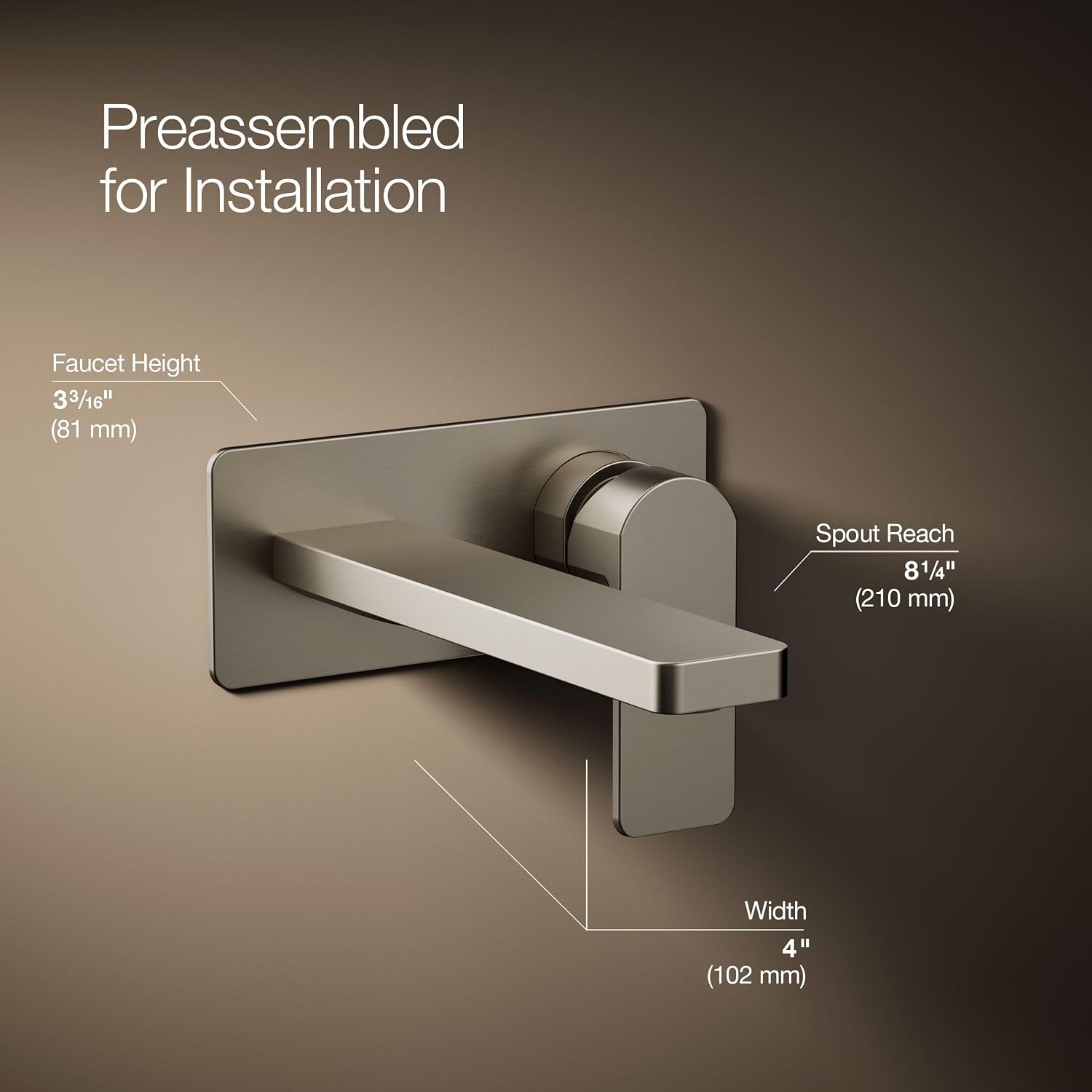 Kohler 22567-4-BN Parallel® Wall-Mount Single-Handle Bathroom Sink Faucet, 1.2 gpm, Vibrant Brushed Nickel