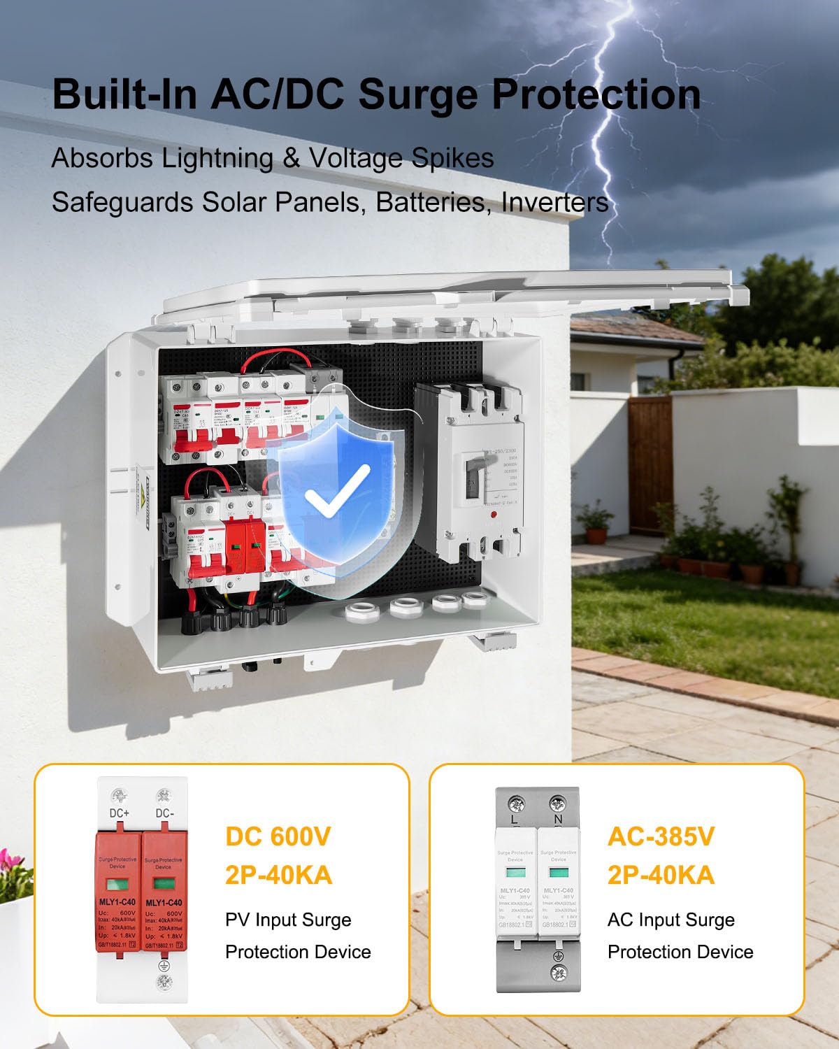 PV Combiner Box 2 String Solar Distribution Box, IP65 Waterproof, with 25A 250A DC Circuit Breakers, 63A 125A AC Breakers, Outdoor Power Distribution Box for 8KW–10KW Inverter Systems