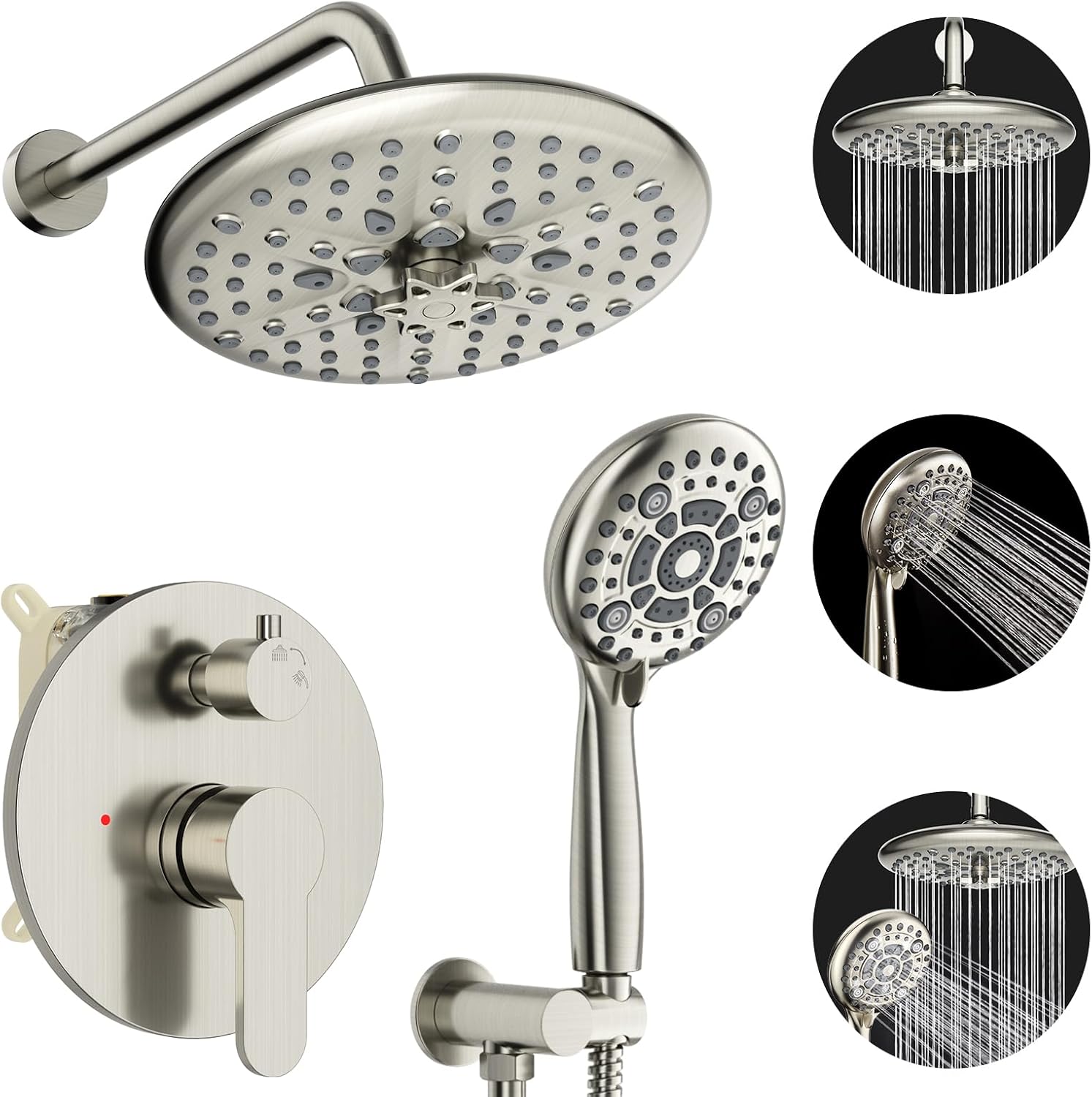 EMBATHER Shower Faucet Sets - Overhead Rain Head Shower System with High Pressure Handheld Complete Combo and Mixer Valve Trim Kit - Brushed Nickel Rainfall Shower Fixture for Luxury Bathroom