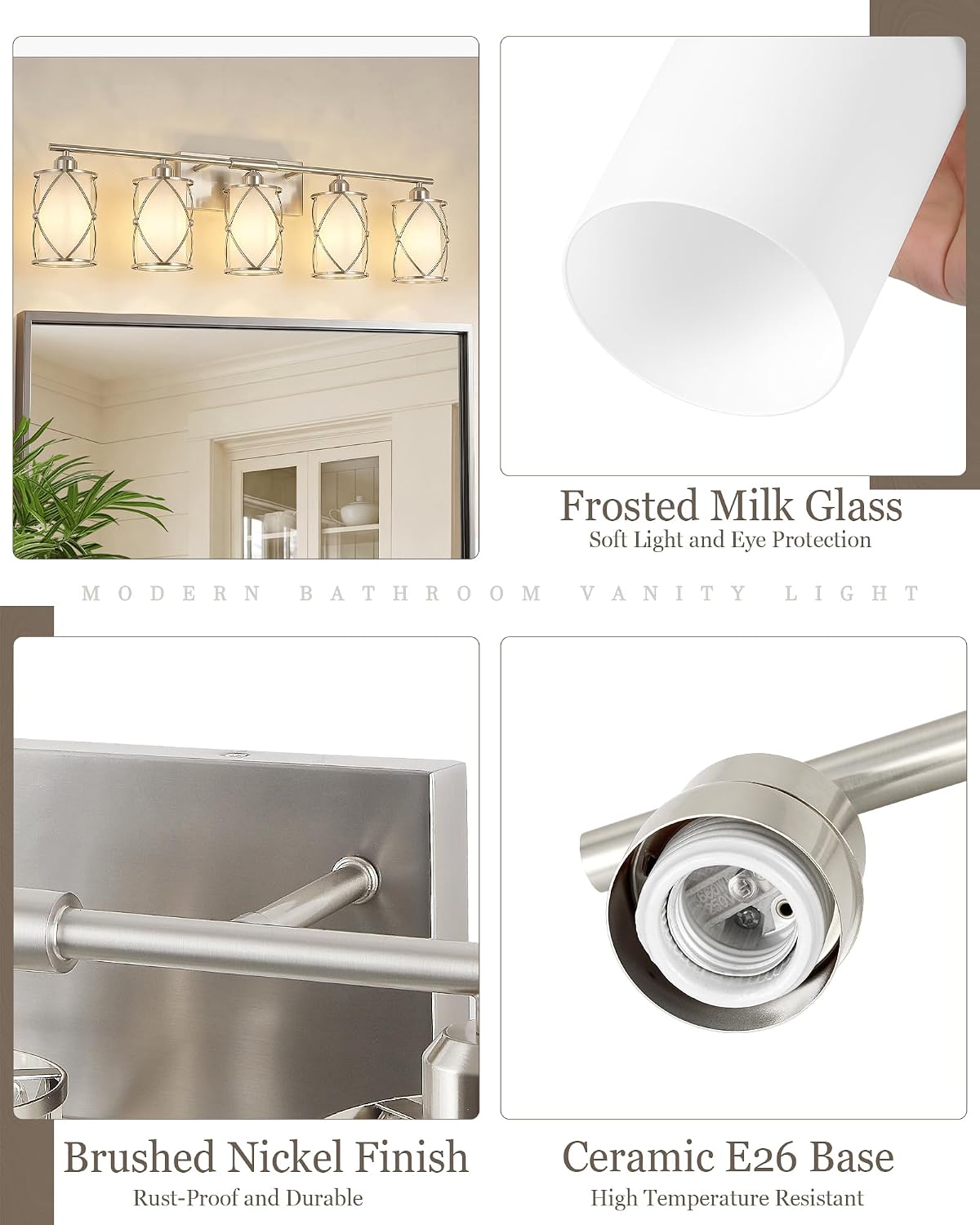 5-Light Brushed Gold Bathroom Light Fixtures Over Mirror, 42' UL-Listed Modern Wall Sconce Lights with Frosted Milk White Glass and Metal Cage for Bath, Hardwire E26, CH9176BNW-5W