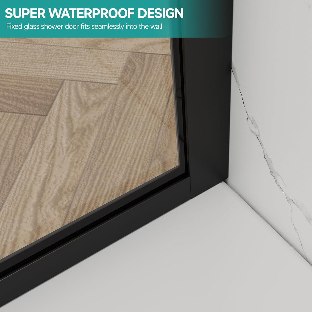 36' W x 76' H Frameless Shower Glass Panel, 3/8' w/Coat Hook, Matte Black | Fixed Shower Screen;Coat Hook;SGCC Tempered Glass;Easy Clean Coating;Aluminum