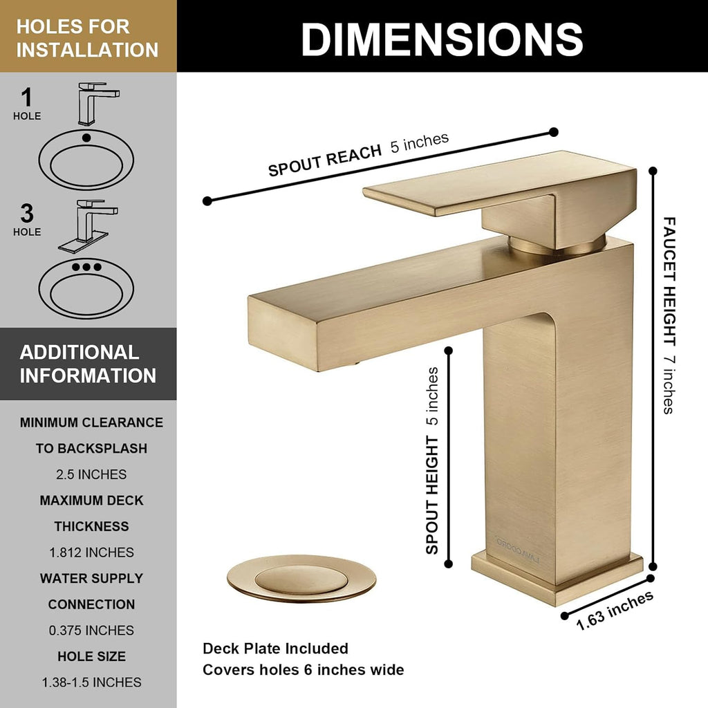 Lava Odoro Champagne Gold Bathroom Faucets, Single Hole Bathroom Sink Faucet Single Handle Vanity Faucet with Pop up Drain Assembly, Deck Plate Included, BF307-CB
