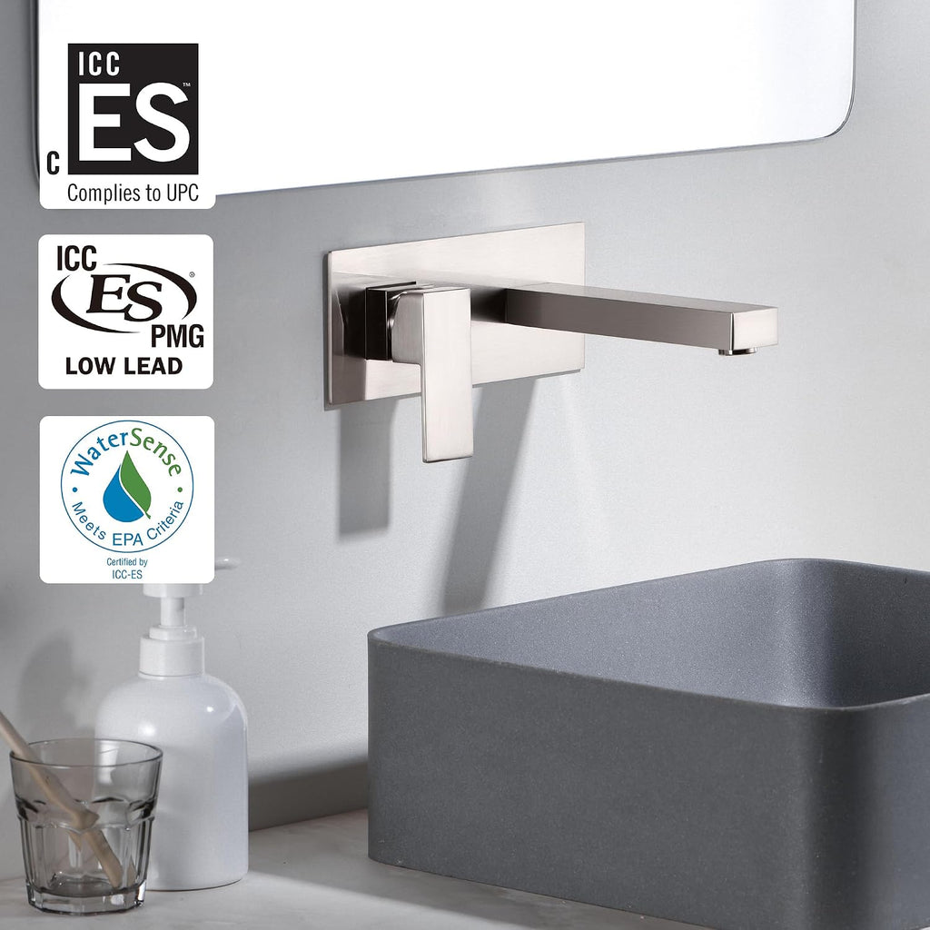 sumerain Brushed Nickel Bathroom Faucet Wall Mount Lavatory Sink Faucet with Rough-in Valve, Left-Handed Single Handle