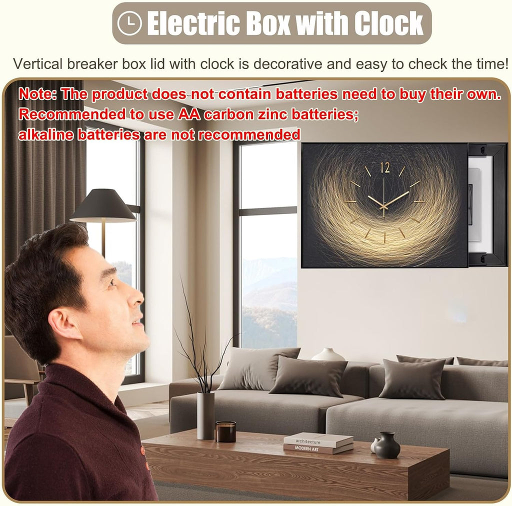 Decorative Breaker Box Cover with Clock, Horizontal Electrical Panel Cover Plate for Replacement/Hide, Circuit Distribution Protection Box for Hotel(ligjt Grey,60x45cm(23 5/8x17 3/4in))