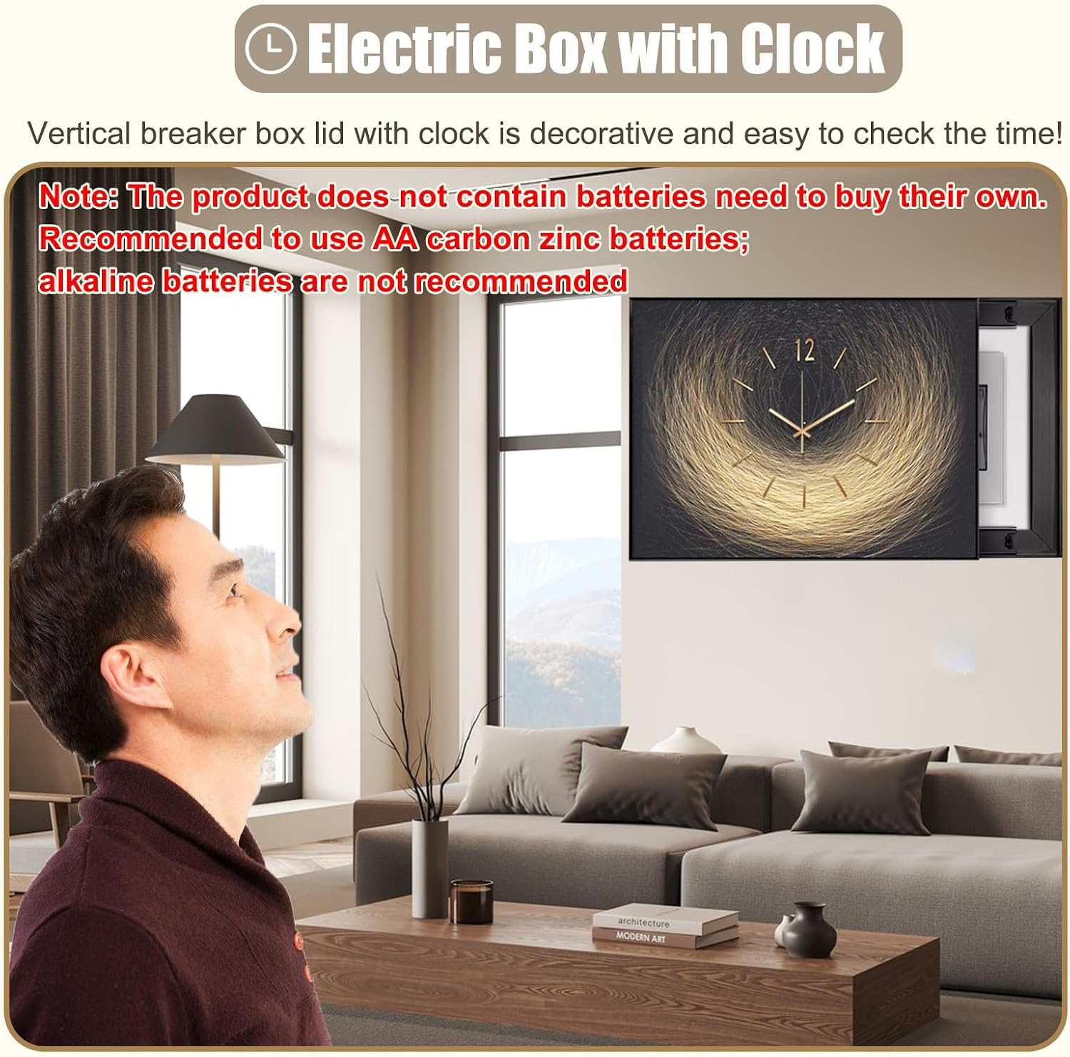 Decorative Breaker Box Cover with Clock, Horizontal Electrical Panel Cover Plate for Replacement/Hide, Circuit Distribution Protection Box for Hotel(ligjt Grey,50x40cm(19 3/4x15 3/4in))