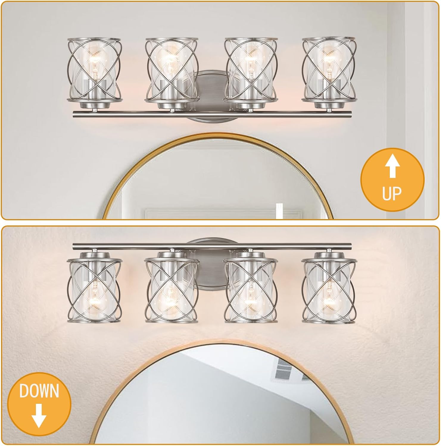 mavcadonf 4-Lights Bathroom Vanity Lights, Bathroom Light Fixtures Over Mirror, Brushed Nickel Vanity Light, Farmhouse Wall Lights with Clear Glass Shade, Bathroom Wall Lamp for Mirror Kitchen Bedroom