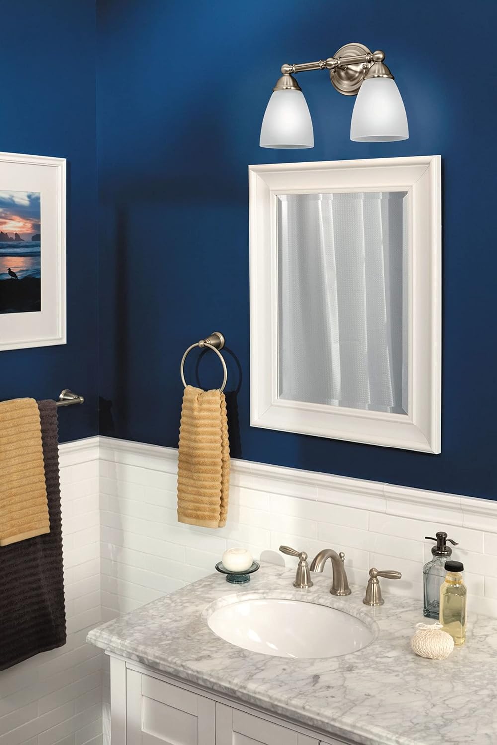 Moen Brushed Nickel Brantford 2-Light Dual-Mount Bath Bathroom Vanity Fixture with Frosted Glass, YB2262BN