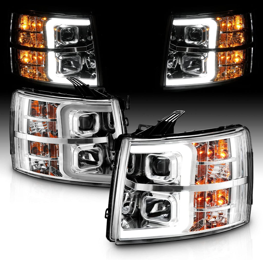 AmeriLite For 2007-2013 Chevy Silverado 1500/07-14 Silverado 2500HD 3500HD LED Tube Chrome Square Projector Headlights Set - Passenger and Driver Side