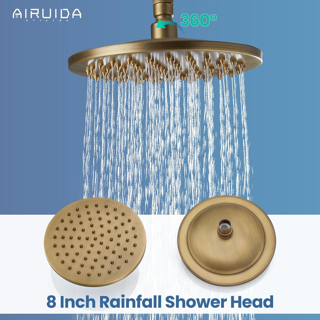 Airuida Exposed Shower System, 8 Inch Rainfall Shower Head with Handheld Spray, Single Handle Wall Mount Shower Faucet Set, Solid Brass Dual Function Exposed Pipe Fixture for Bathroom,Antique Brass