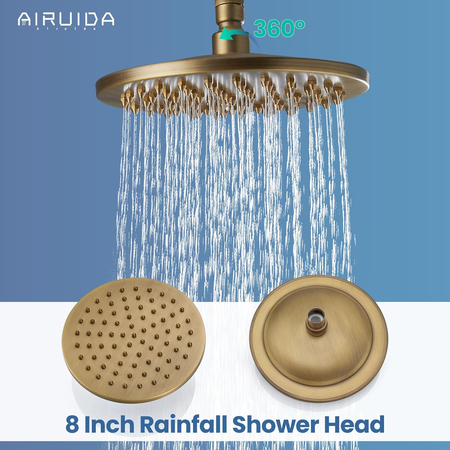 Airuida Exposed Shower System, 8 Inch Rainfall Shower Head with Handheld Spray, Single Handle Wall Mount Shower Faucet Set, Solid Brass Dual Function Exposed Pipe Fixture for Bathroom,Antique Brass
