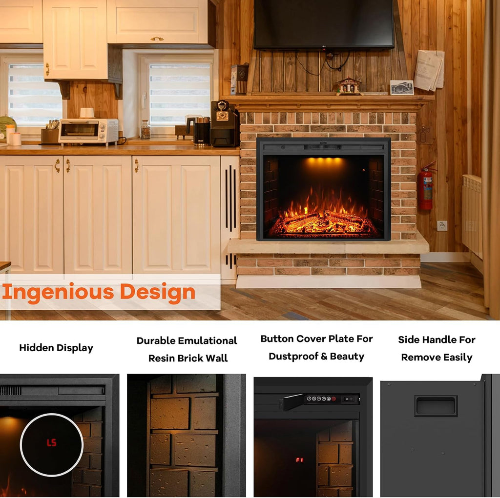 30 inch Electric Fireplace, Wall Fireplace Electric with Remote Control, Realistic Log and Crackling Sound, Overheating Protection and Timer, 750/1500W Black