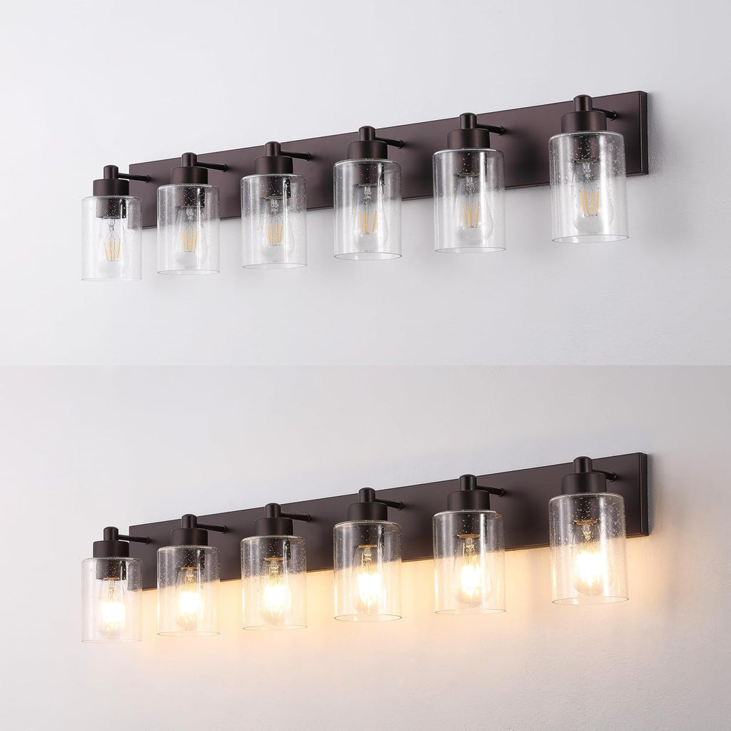 JONATHAN Y 40' Oil Rubbed Bronze/Clear 6-Light Modern LED Vanity Light for Bathroom Mirror, Mid-Century Wall Sconce with Clear Seeded Glass Shades, Contemporary Iron Fixture, LED Bulbs (JYL7621E)