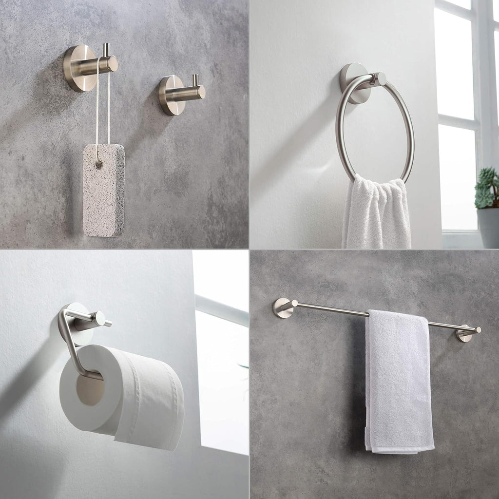 KIBI 5-Piece Bathroom Hardware Set – Wall Mounted Circular Bathroom Accessories Kit with 24 Inch Towel Bar, 10 Inch Towel Ring, Toilet Paper Holder & 2 Robe Hooks – Brushed Nickel