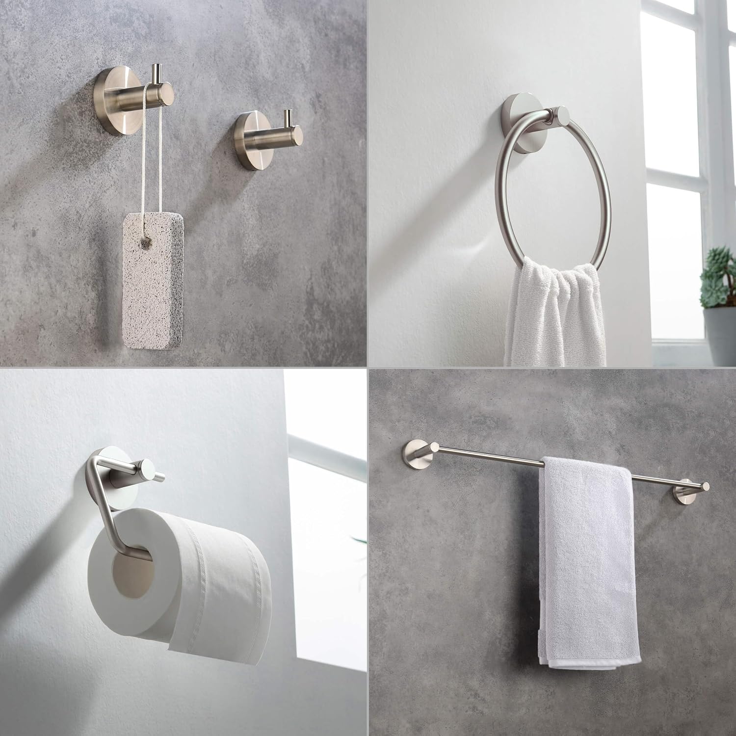 KIBI 5-Piece Bathroom Hardware Set – Wall Mounted Circular Bathroom Accessories Kit with 24 Inch Towel Bar, 10 Inch Towel Ring, Toilet Paper Holder & 2 Robe Hooks – Brushed Nickel