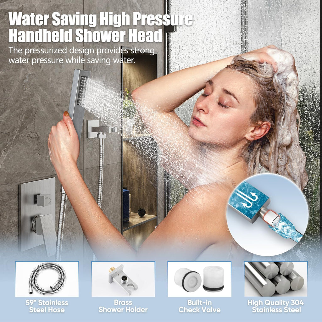 Gabrylly Shower System Brushed Nickel, Rain Shower head with handheld Shower Spray Combo, Rainfall Shower Faucet Set Complete, High Pressure 10' Stainless Steel Shower Valve Set