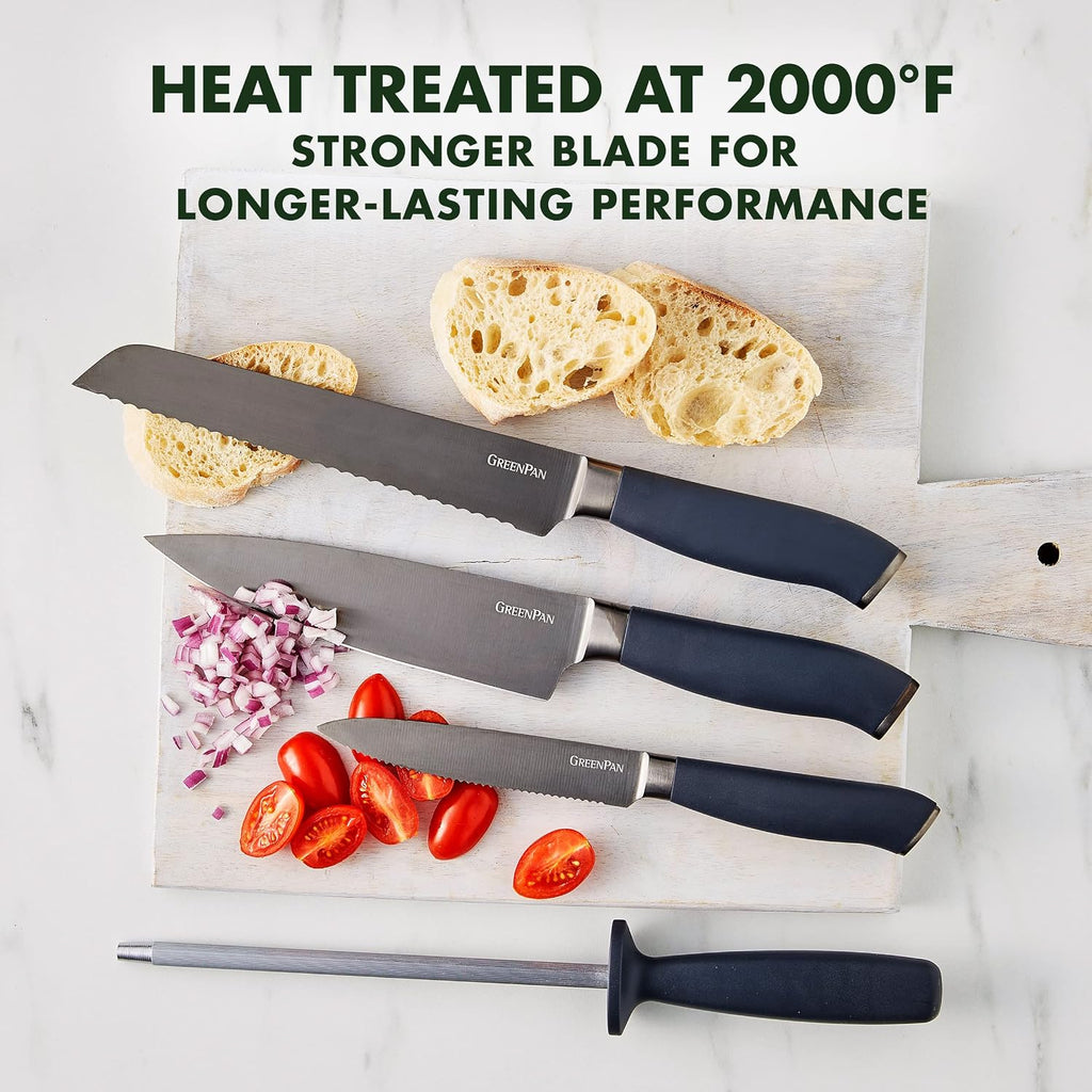 GreenPan 16-Piece Knife Block Set, Professional Stainless Steel Blades with Titanium Coating, Ultra-Sharp Kitchen Cutlery, Chef, Santoku, Bread & Steak Knives, Ergonomic Grip, Slip Resistant, Gray
