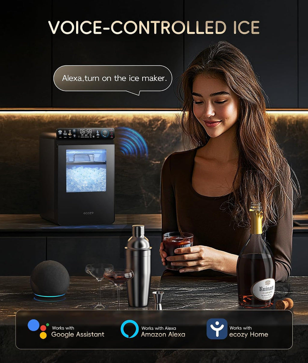 ecozy Nugget Ice Maker Countertop, Smart Pebble Ice Machine with APP Control, 44 lbs Per Day Soft Pellet Chewable Ice with Self-Cleaning, Black
