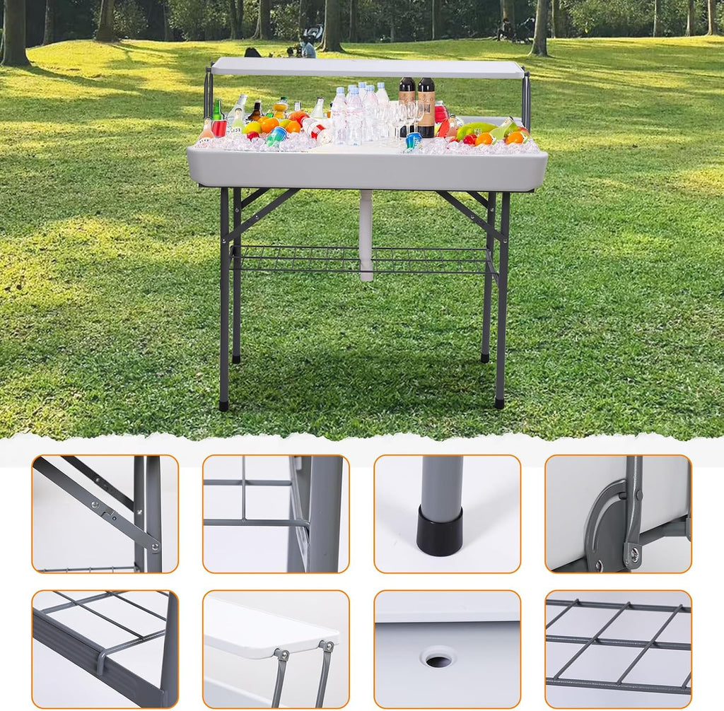 Nice C 4 ft Folding Ice Cooler Table, Party Cooler, Grazing Table, Tables with Drain, Bar Cooler Tables, with Matching Skirt, Storage Shelf (White)