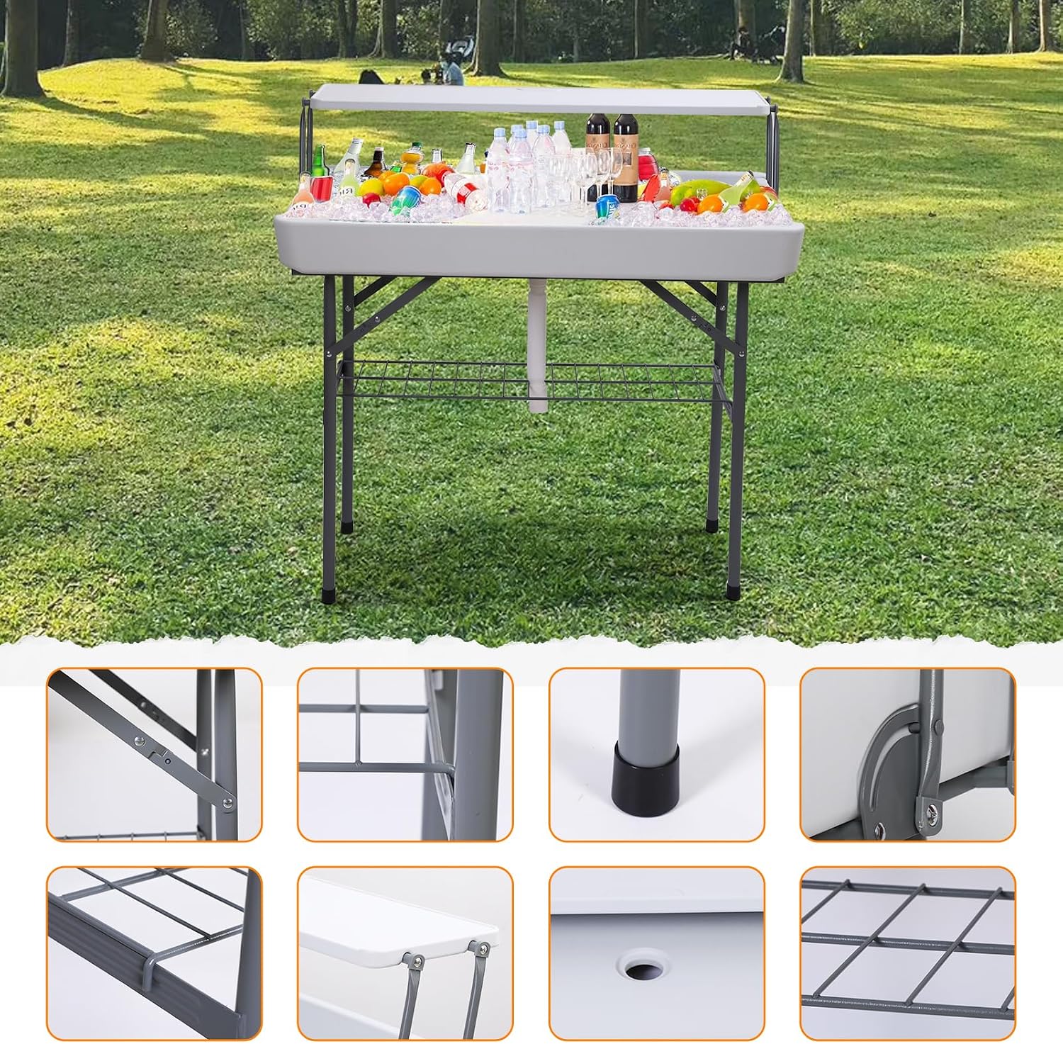 Nice C 4 ft Folding Ice Cooler Table, Party Cooler, Grazing Table, Tables with Drain, Bar Cooler Tables, with Matching Skirt, Storage Shelf (White)