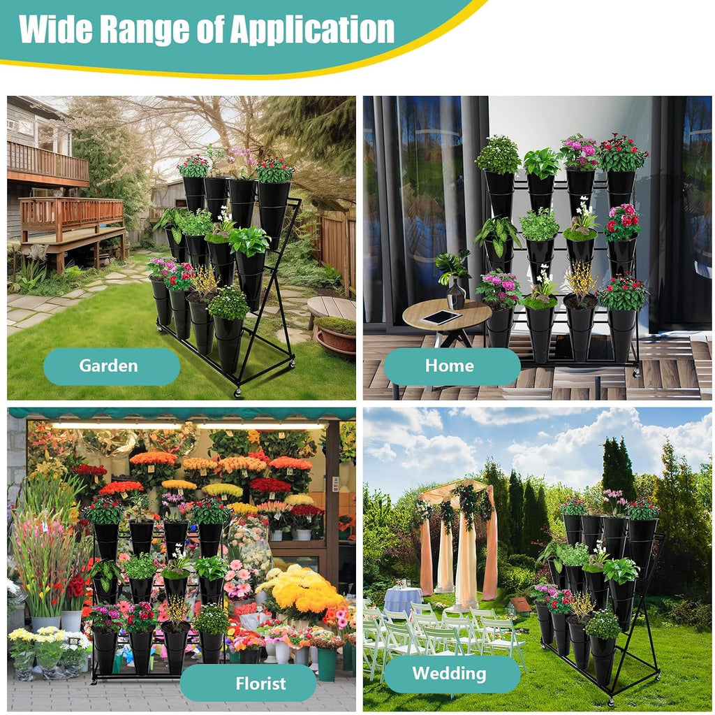 Flower Display Stand with 12 Black Round Buckets, 3 Layers Black Metal Plant Stand with Wheels, Moving Florist Bouquet Shelf for Fresh Flowers Shop Patio Garden Outdoor Flower Pop-Up Events