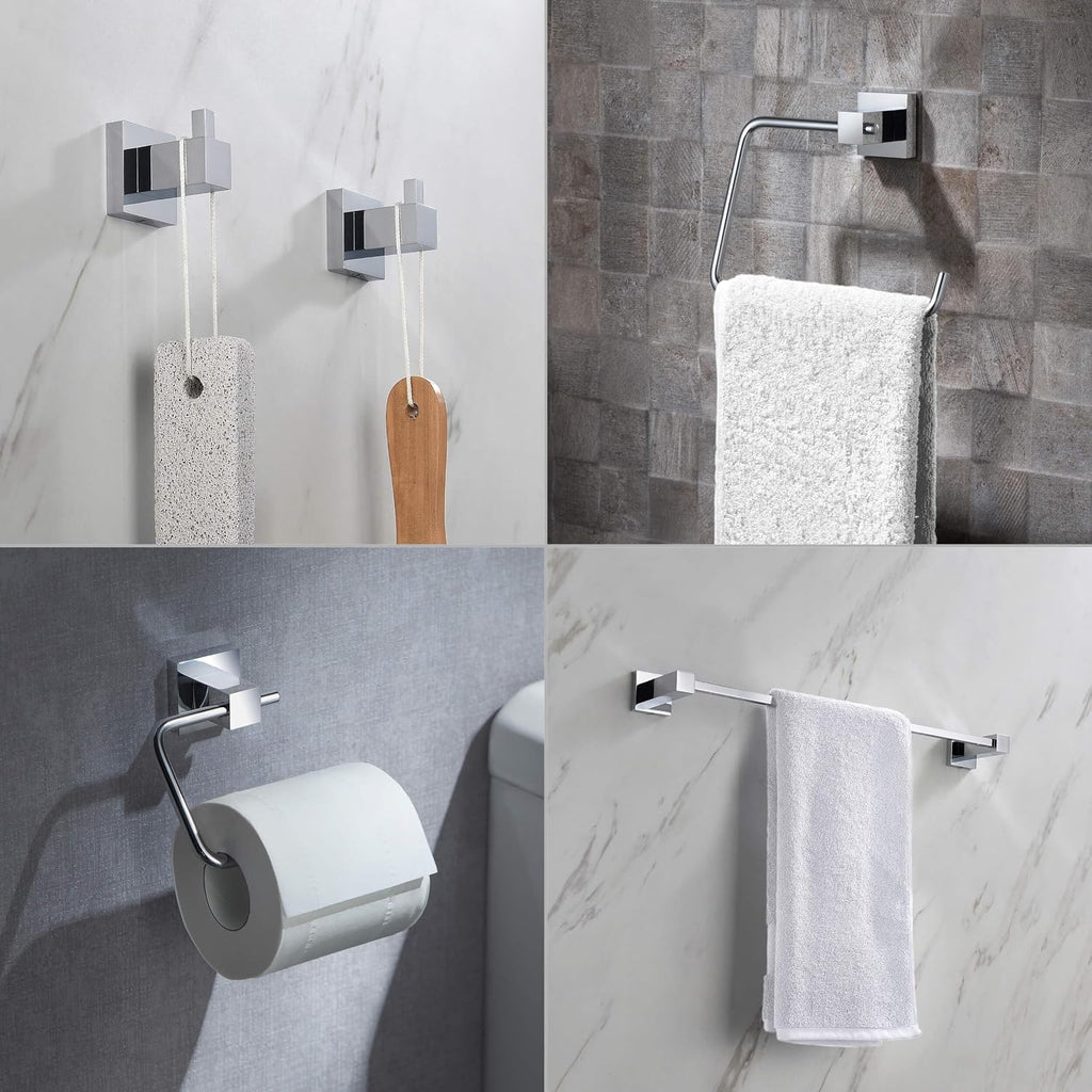 KIBI Cube Bathroom Hardware Set, 5-Piece Accessories Set | 18' Towel Bar, Towel Ring, Toilet Paper Holder, 2 Robe Hooks | Solid Brass Wall Mounted Bathroom Fixtures | Chrome Finish, C-KBA15-5-4