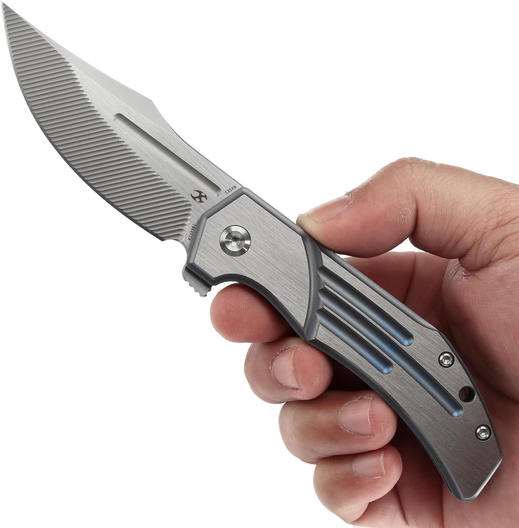 KANSEPT Orion Pocket Knife, 3.07'' CPM S35VN with CNC Milling Blade with Blood Groove, Blue Anodized Titanium Handle and Flipper or Thumb Disk, for Men Camping Survival Hunting Folding Knives K1089B1