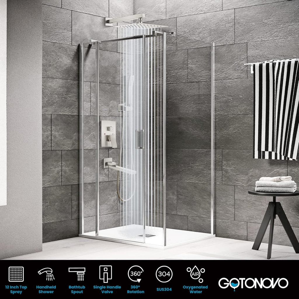 gotonovo Rainfall Tub Shower Faucet Set Bathroom Shower System with Tub Spout Wall Mount Square High Pressure Shower Fixtures with Handheld Sprayer Rough-In Valve 12'' Shower Head,Brushed Nickel