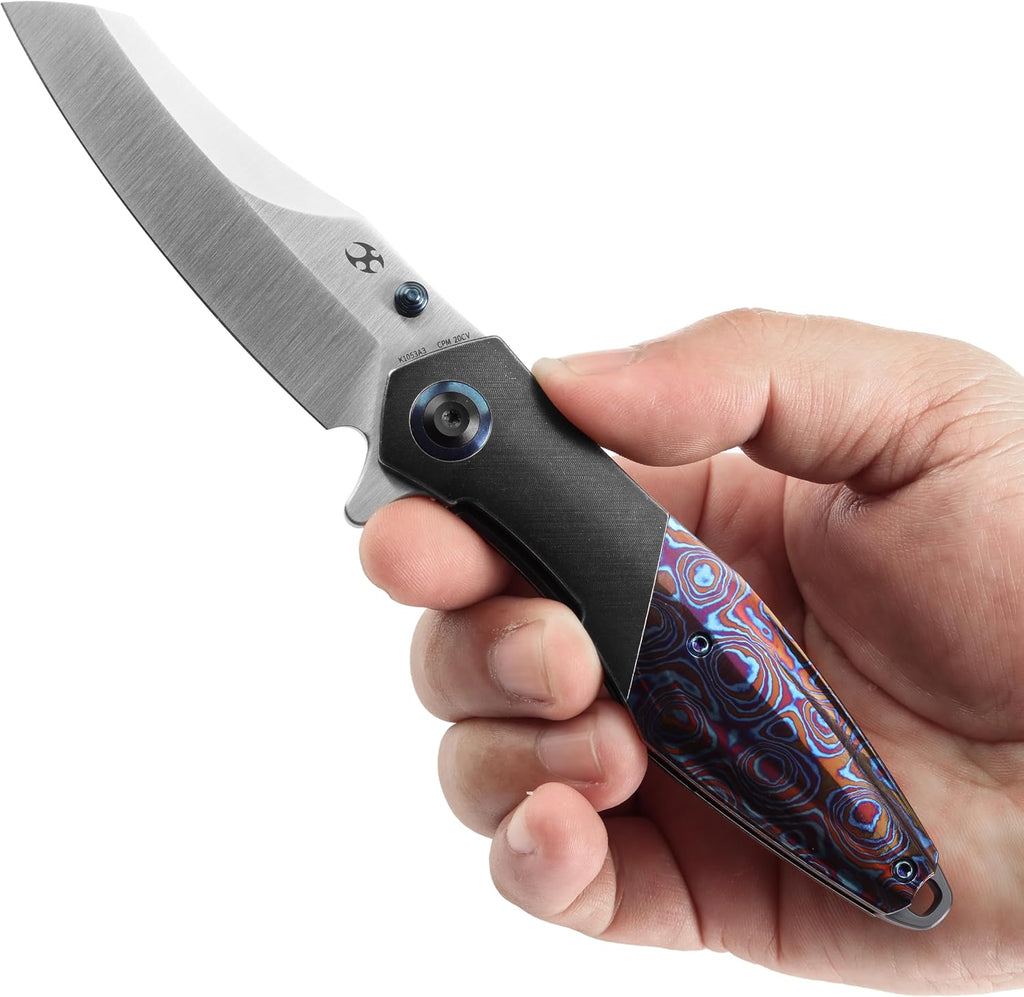 KANSEPT Mistaken Folding Knives for Men EDC Camping Pocket Folding Knife 3.58'' Satin CPM 20CV Blade with Blackwash Titanium Timascus Timascus Clip Handle Everyday Carry K1053A3
