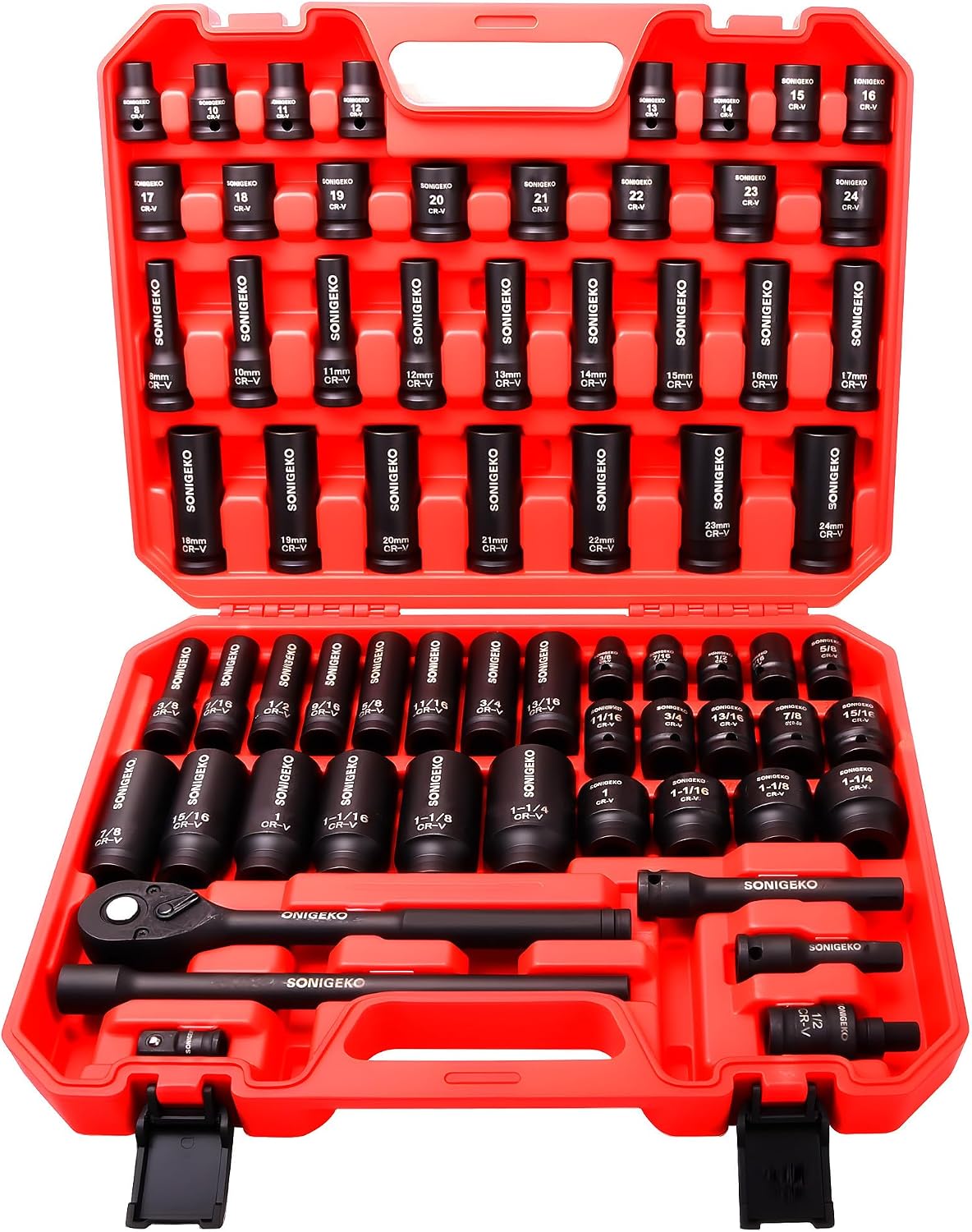 66-Pieces 1/2' Drive Impact Socket Set, 6-Point Deep & Standard, CR-V Steel, Metric & SAE from 5/16'-1-1/4',8-24mm, Includes Ratchet Handle & Extension Bar