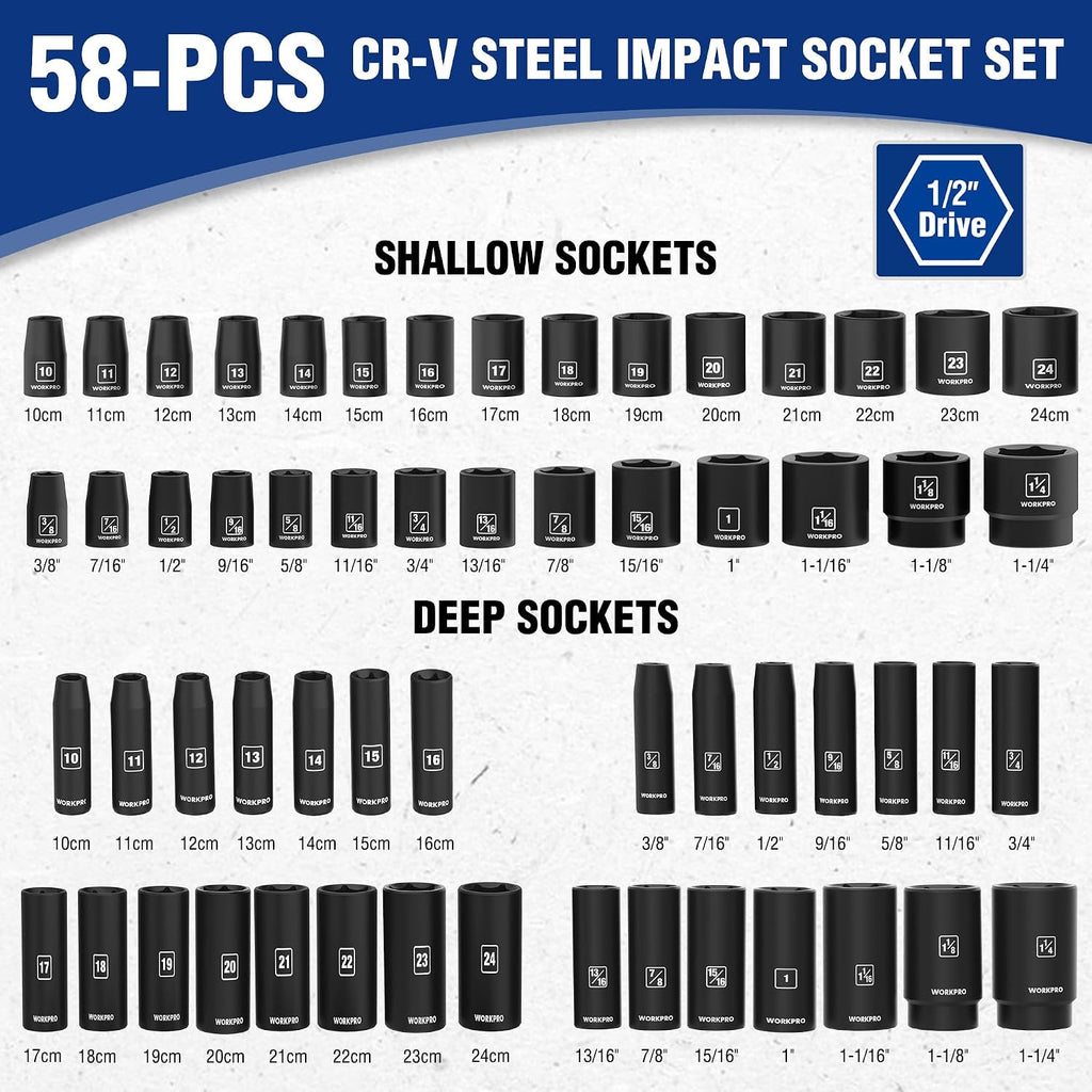 WORKPRO 1/2' Drive Impact Socket Set, 65PCS SAE(3/8'-1-1/4') and Metric(10-24mm) Deep & Shallow Kit, Ratchet Handle, Extension Bar, Impact Universal Joint and Adapters for Automotive Repair