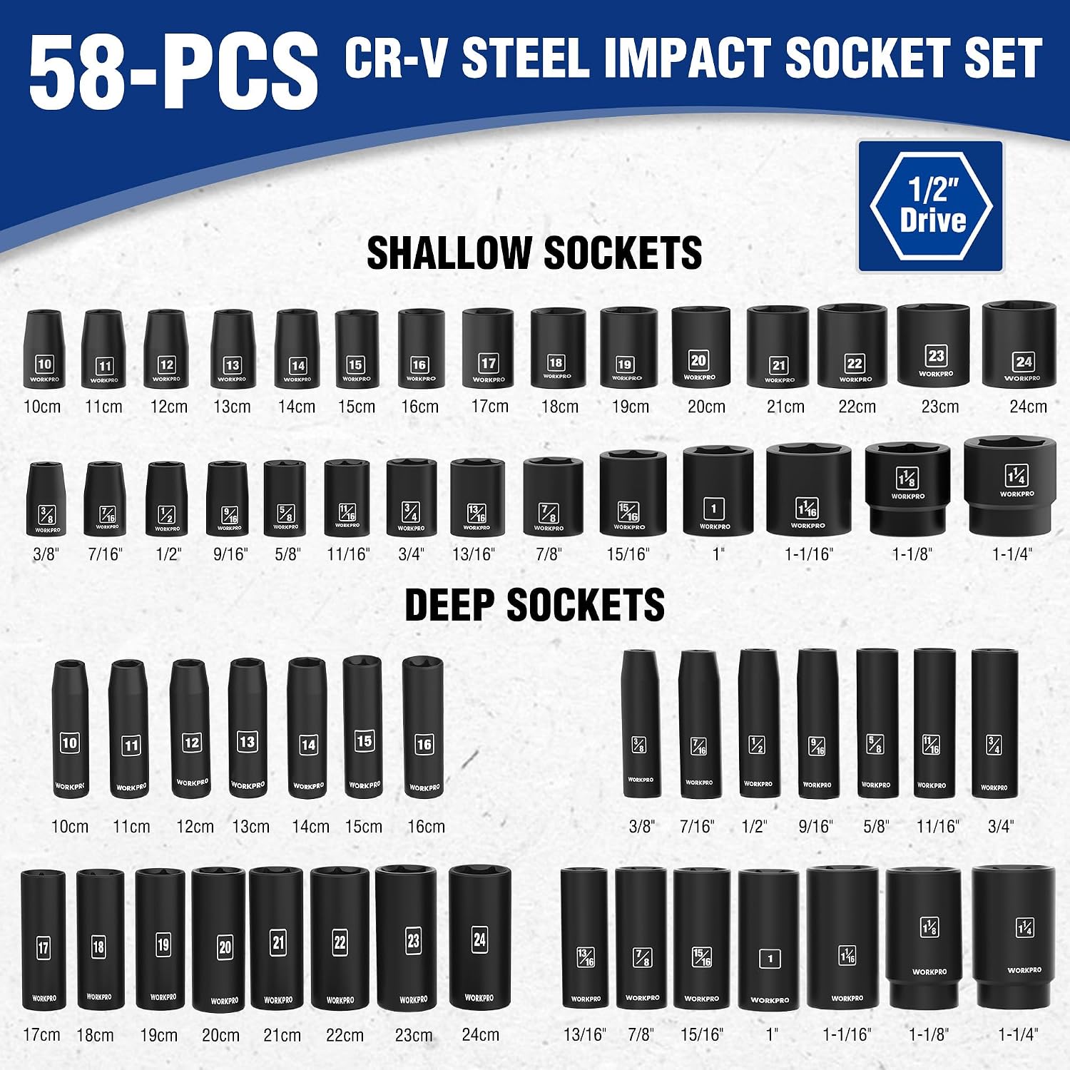 WORKPRO 1/2' Drive Impact Socket Set, 65PCS SAE(3/8'-1-1/4') and Metric(10-24mm) Deep & Shallow Kit, Ratchet Handle, Extension Bar, Impact Universal Joint and Adapters for Automotive Repair