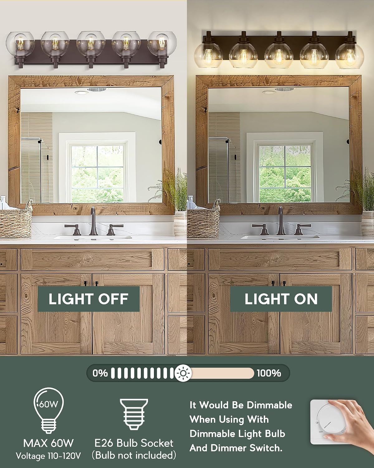 5-Light 32' Bathroom Vanity Light Over Mirror with Globe Glass | Oil Rubbed Bronze Bathroom Light Fixtures with Clear Glass Shade, Modern Sconces Wall Lighting, VL195-ORB-5