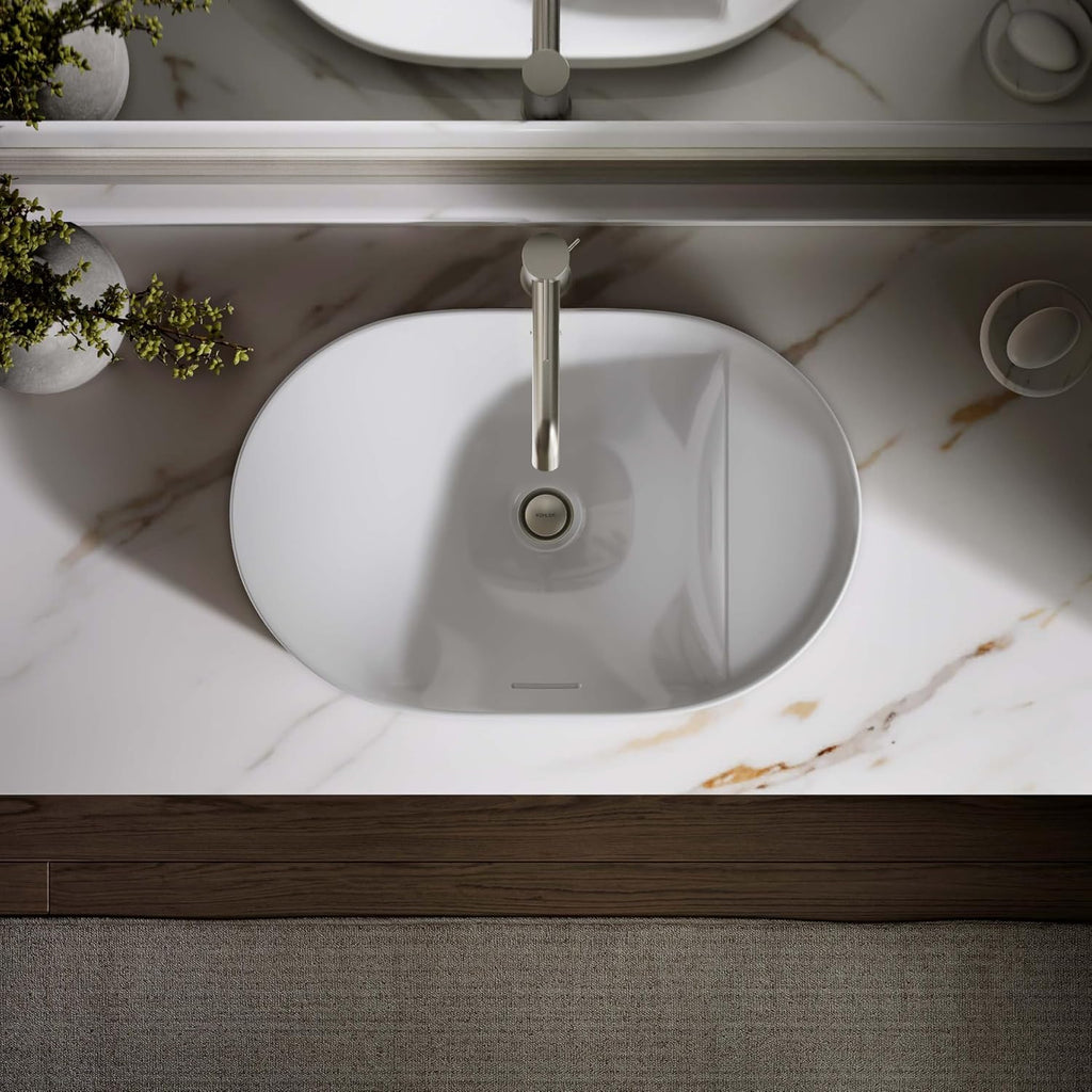 KOHLER 31703-0 Chalice 22-3/4' Oval Vessel Bathroom Sink Bowl with Storage Deck, Above Counter Vanity Sink Basin, with Overflow, No Faucet Holes, White