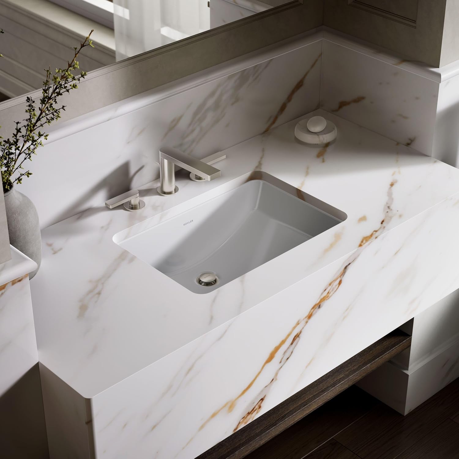 KOHLER 2214-0 Ladena Rectangular Undermount Bathroom Sink With Curved Bottom, 20-7/8' W X 14-3/8' L, White