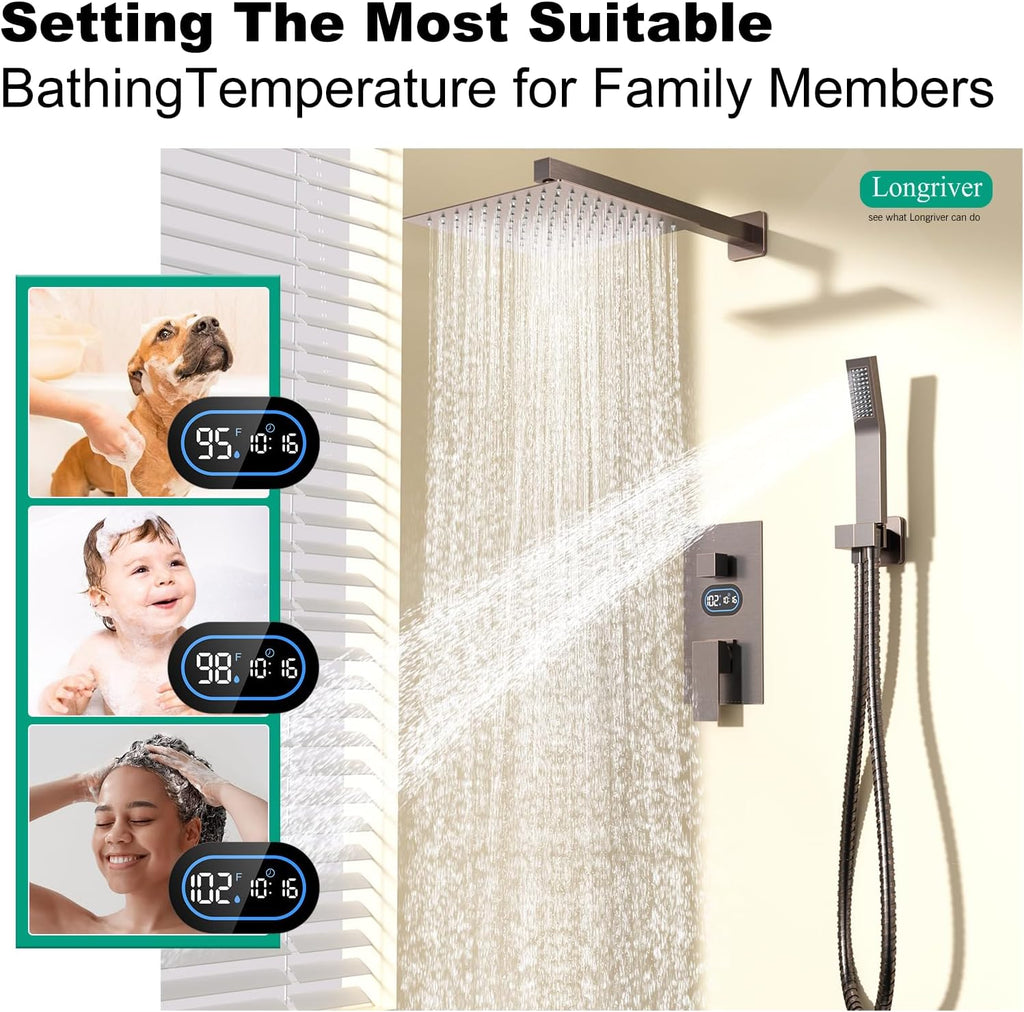 Longriver Shower Faucet Set with Hydro Power Temperature Display, Shower System 10 Inch Shower Head with Handheld Spray, Wall Mounted Shower Fixtures with Shower Valve and Trim Kit, Oil Rubbed Bronze
