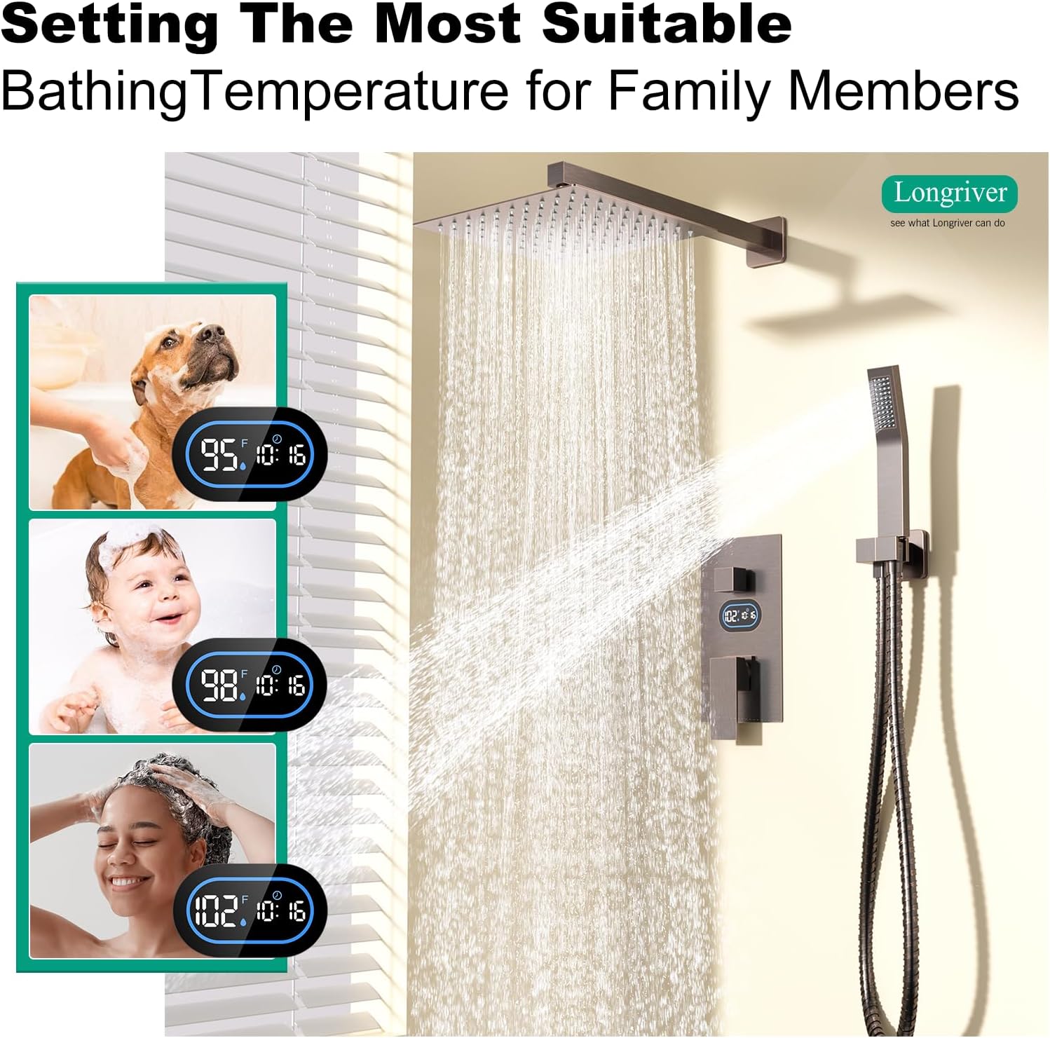Longriver Shower Faucet Set with Hydro Power Temperature Display, Shower System 10 Inch Shower Head with Handheld Spray, Wall Mounted Shower Fixtures with Shower Valve and Trim Kit, Oil Rubbed Bronze