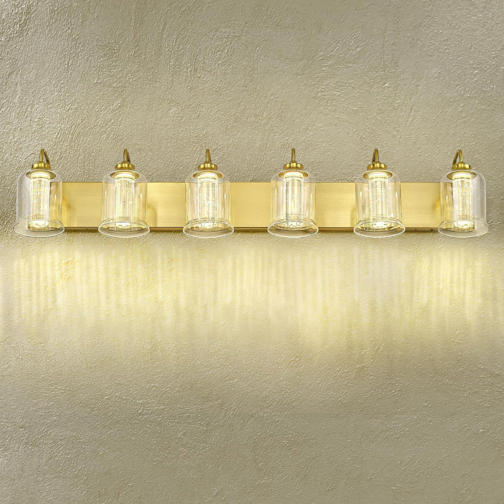 zeyu 6-Light Bathroom Wall Mounted Light, 40W Gold Bathroom Light Fixtures with 5 Color Modes, Brushed Gold Finish with Crystal Bubble and Clear Glass, ZSL72B-6W LED BG