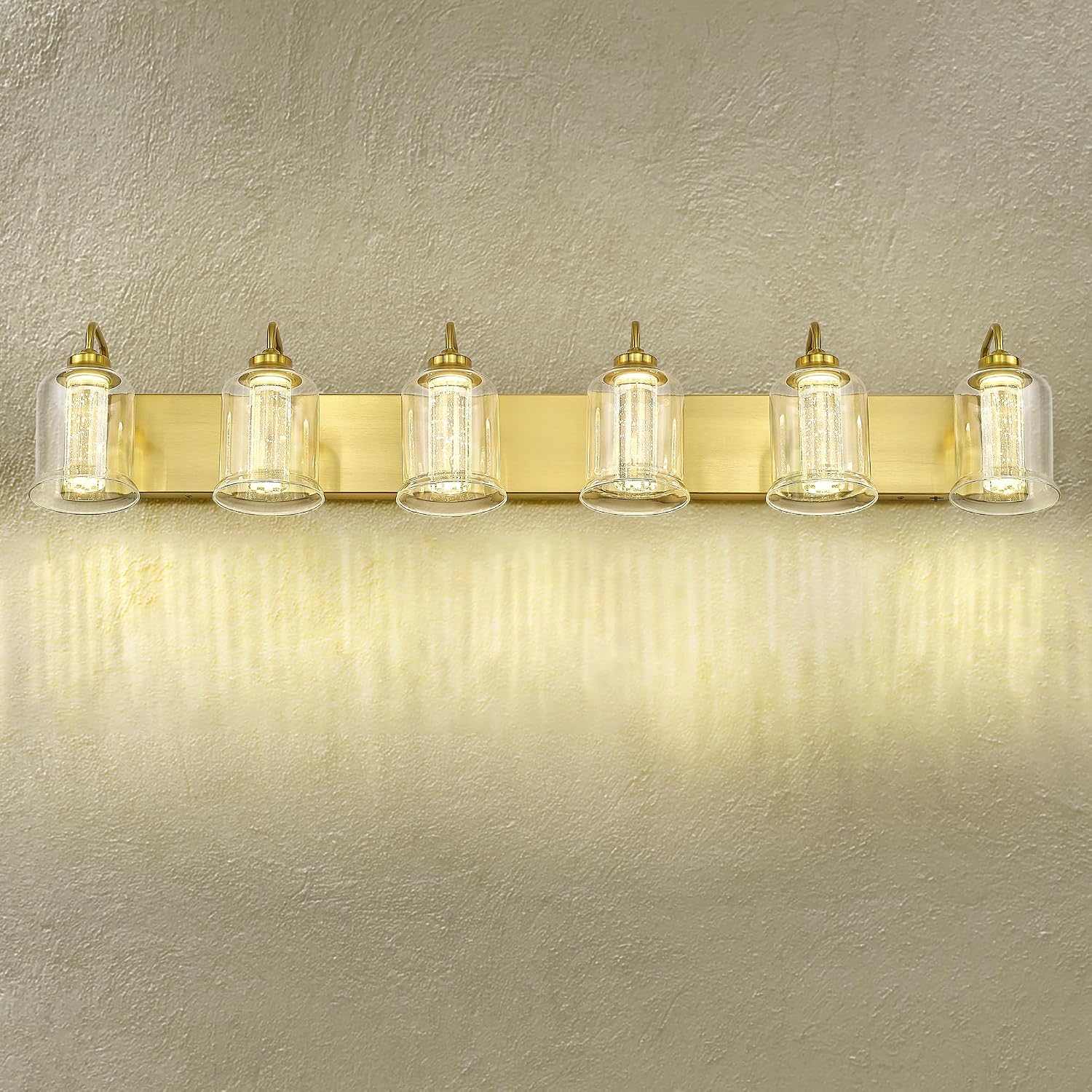 zeyu 6-Light Bathroom Wall Mounted Light, 40W Gold Bathroom Light Fixtures with 5 Color Modes, Brushed Gold Finish with Crystal Bubble and Clear Glass, ZSL72B-6W LED BG