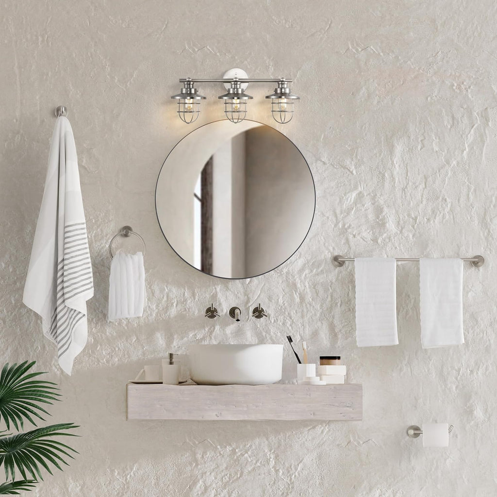 JONATHAN Y JYL1506B Ellis 24' 3-Light Industrial Farmhouse Vanity Light with Bathroom Hardware Accessory Set, Brushed Nickel (5-Piece) - Towel Bar & Ring, Toilet Paper Holder, Robe Hook