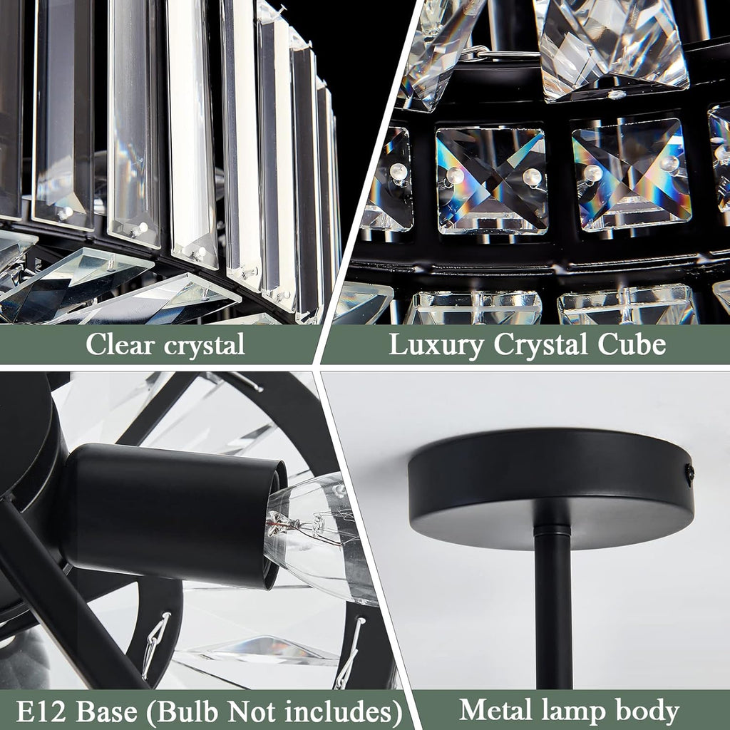 Piepooye 4 Lights Modern Crystal Chandelier Black Round Semi Flush Mount Ceiling Light Fixture Farmhouse Chandelier for Dinning Room Living Room Bedroom Hallway Entryway Kitchen