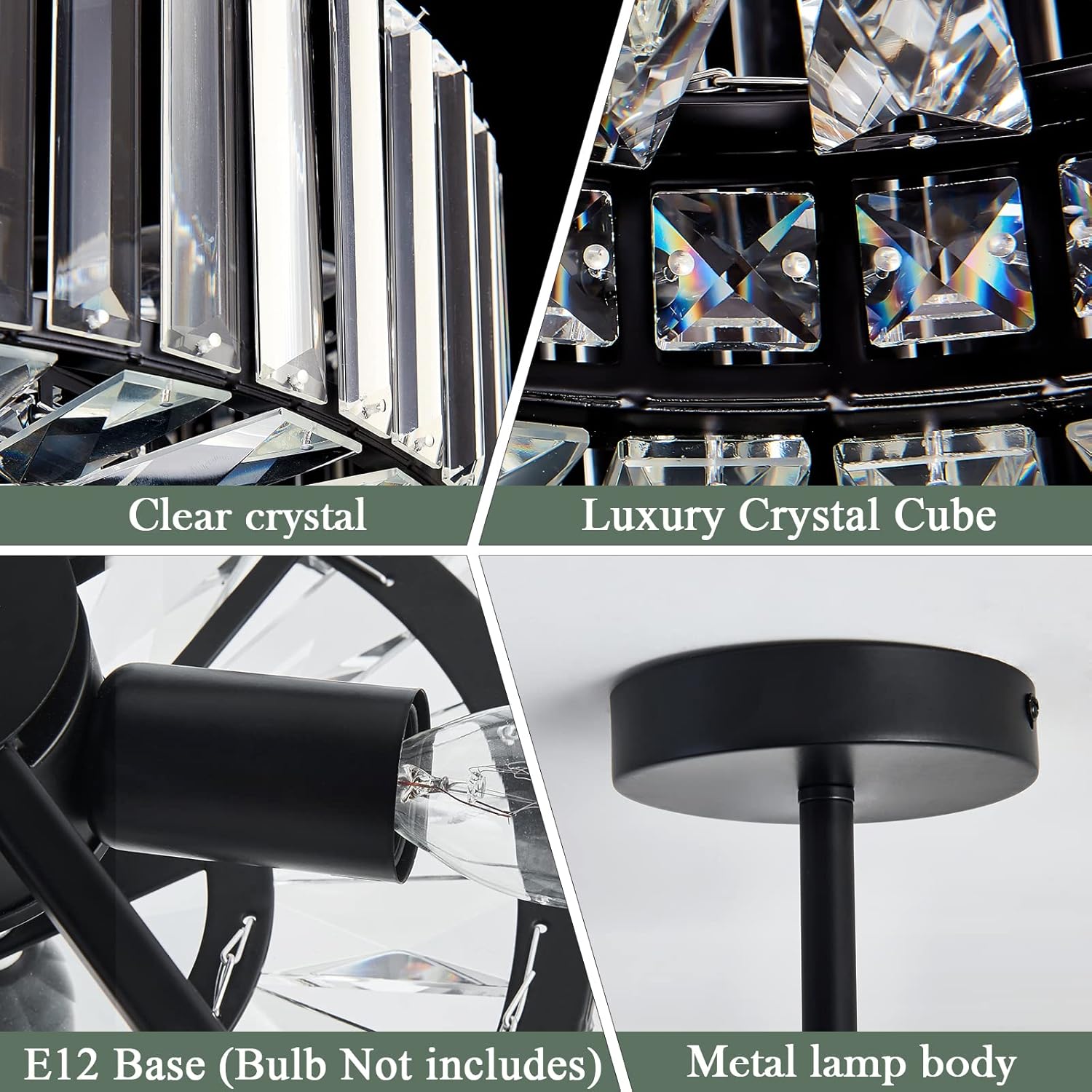 Piepooye 4 Lights Modern Crystal Chandelier Black Round Semi Flush Mount Ceiling Light Fixture Farmhouse Chandelier for Dinning Room Living Room Bedroom Hallway Entryway Kitchen